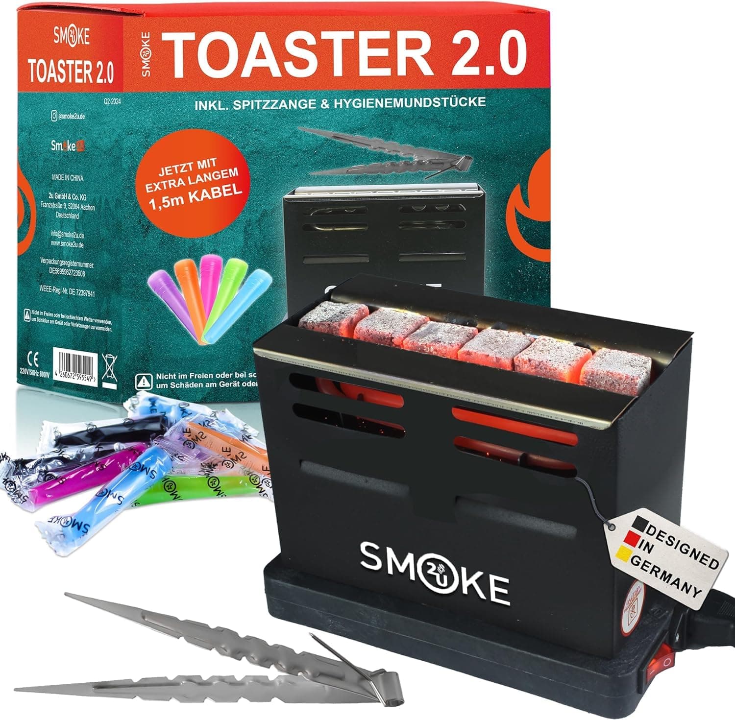 Smoke2u Toaster 2.0 | 800W Elektrischer Kohleanzünder Kohle Grill Kohlen Ofen mit Dreiseitiges-Hitzesystem, inkl. Gitterschutz, Zange, Hygienemundstücke, 6 min fertig - Ohne Kohle