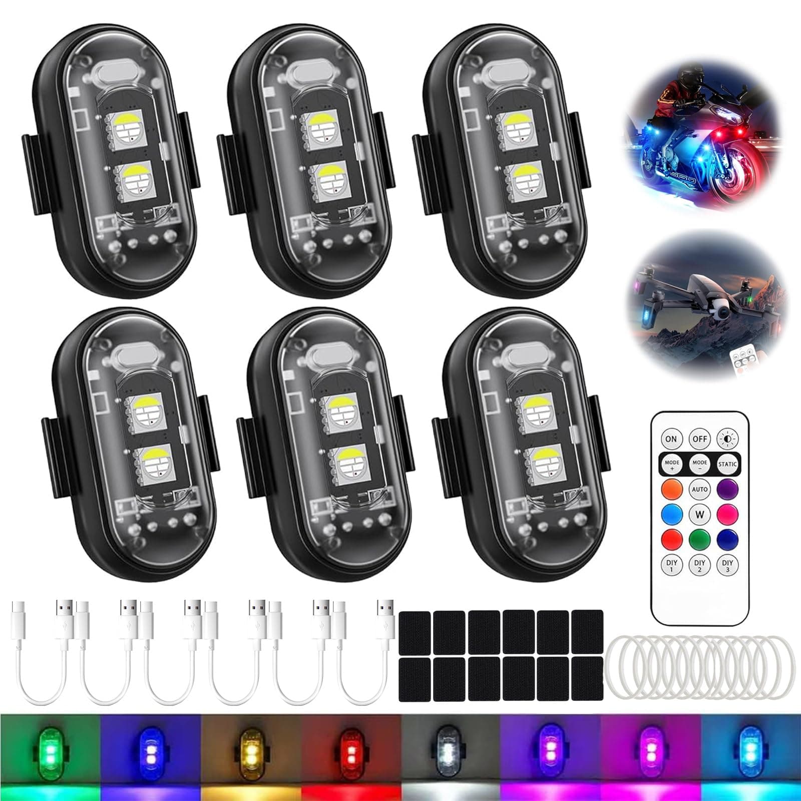 6 Stück Kabellose LED Lichter, 8 Farben Wasserdicht Blitzlicht mit Fernbedienung, USB-Aufladung Antikollisionslichter Blitzleuchte, Strobe Drone Light für Motorrad, RC-Auto, Fahrrad, LKW, Drohne