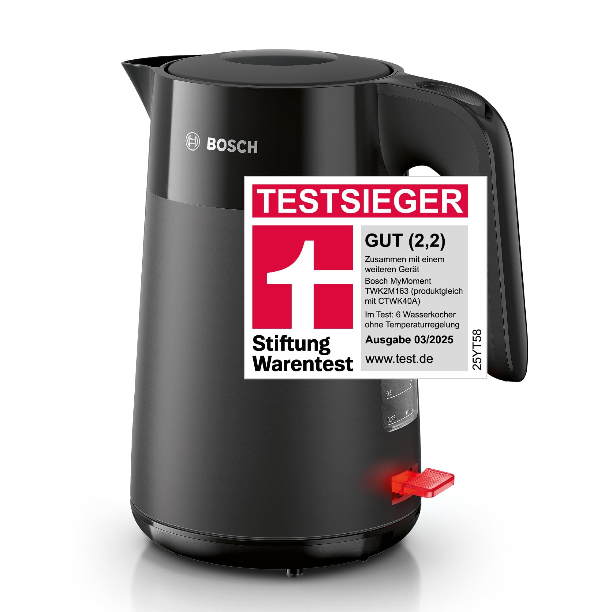 Bosch kabelloser Wasserkocher MyMoment TWK2M163, Abschaltautomatik, Überhitzungsschutz, Tassenanzeige, entnehmbarer Kalkfilter, Trockengehschutz, Dampfstopp-Automatik, 1,7 L, 2400 W, Schwarz matt