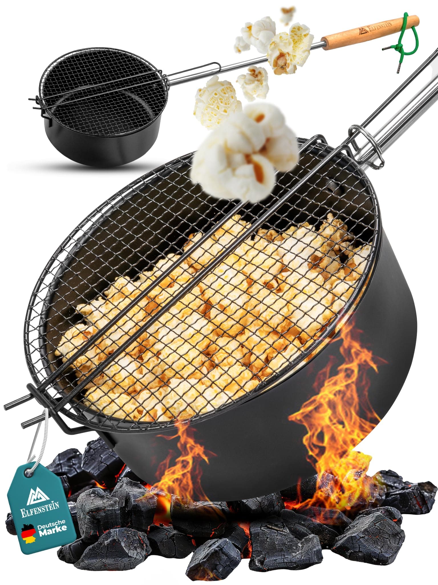 ELFENSTEIN Popcorn Maker Lagerfeuer aus hochwertigen Karbonstahl & Sicherheitsgriff, Outdoor Popcorn-Pfanne für Lagerfeuer, Grill und Feuerschale, Garten & Camping Zubehör für frisches Kino-Popcorn