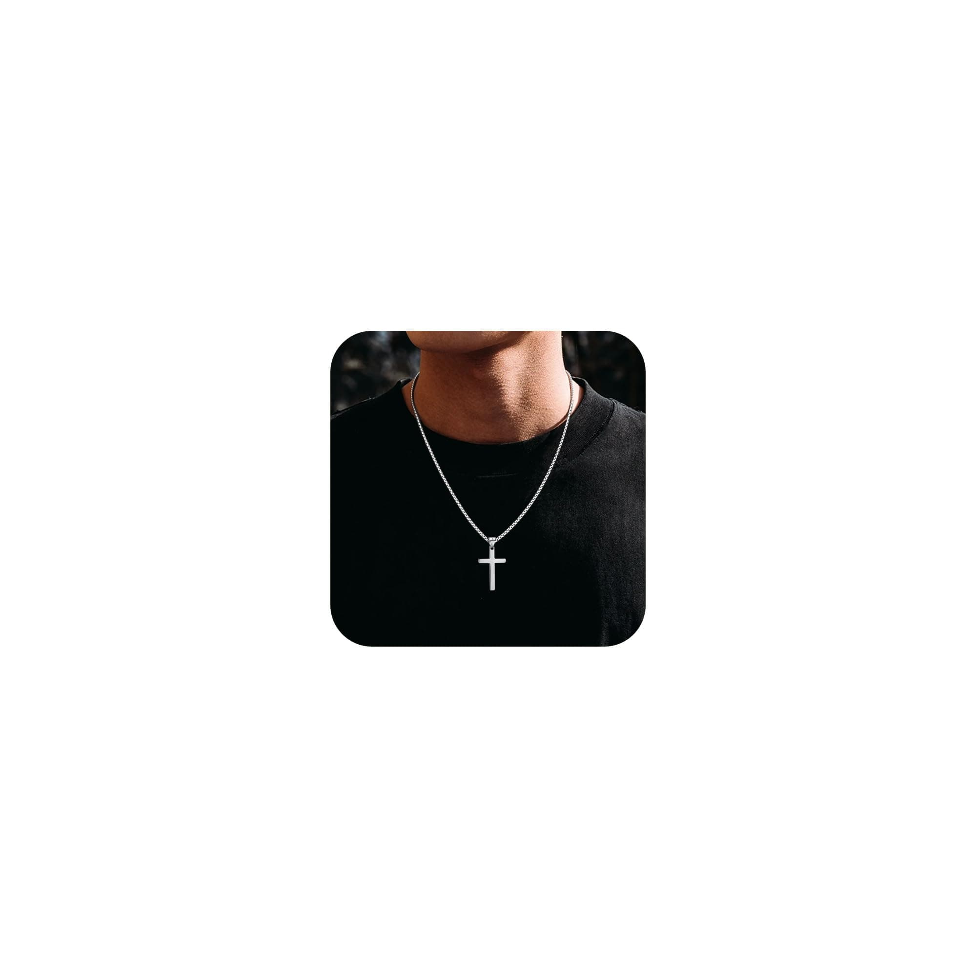 ESHIONER Kreuz Kette für Herren Silber Schwarz Titan Edelstahl Kruzifix Kreuz Anhänger silberkette Christentum Schmuck 16"-24" Kette Cross Halskette KreuzKette für Herren