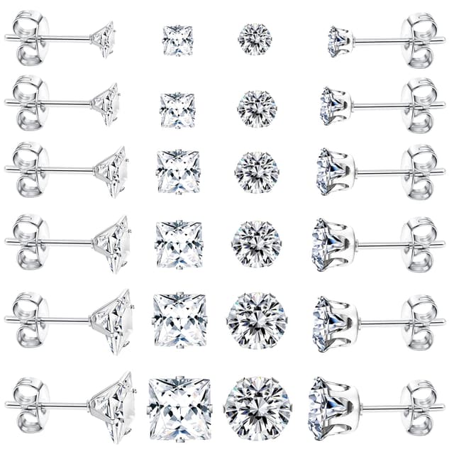 Dochais 12 Paar Ohrringe Männer,Ohrringe Herren Silber,Medizinische Ohrstecker aus 316L Chirurgenstahl, Hypoallergene Edelstahl Ohrring Set,Zirkonia Ohrstecker für Herren Damen Unisex