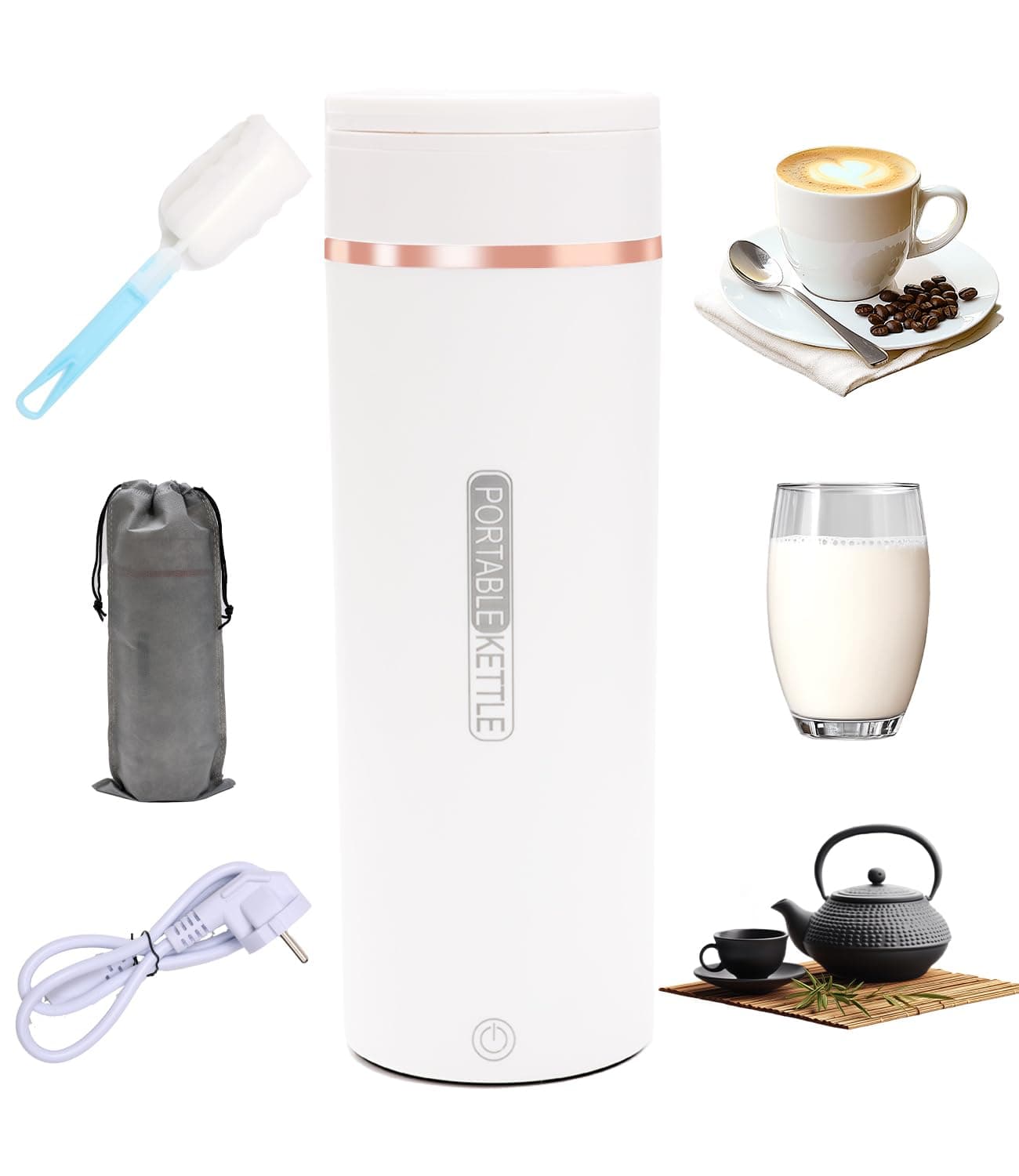 500ML Kleiner Tragbarer Wasserkocher, 3 in 1 Mini Elektrische Wassertasse mit Temperatureinstellung, Automatische Abschaltung, Bürsten und Taschen, Reise Wasserkocher für Kaffee Teezubereitung Weiß