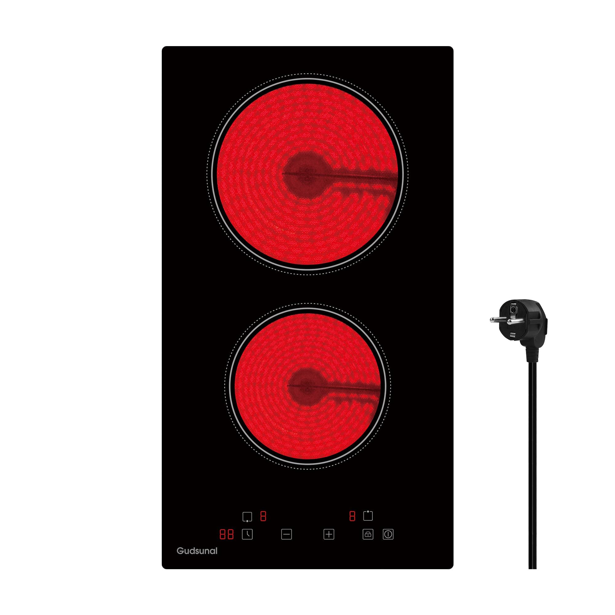 Gudsunal Domino Kochfeld, 2-Platten Glaskeramikkochfeld mit Stecker, 3000W, 9 Heizstufen, 1-99 Minuten Timer, Touch-Steuerung, Automatische Abschaltung, Kindersicherung,Mattschwarz Schwarz 29 cm - 2 Platten
