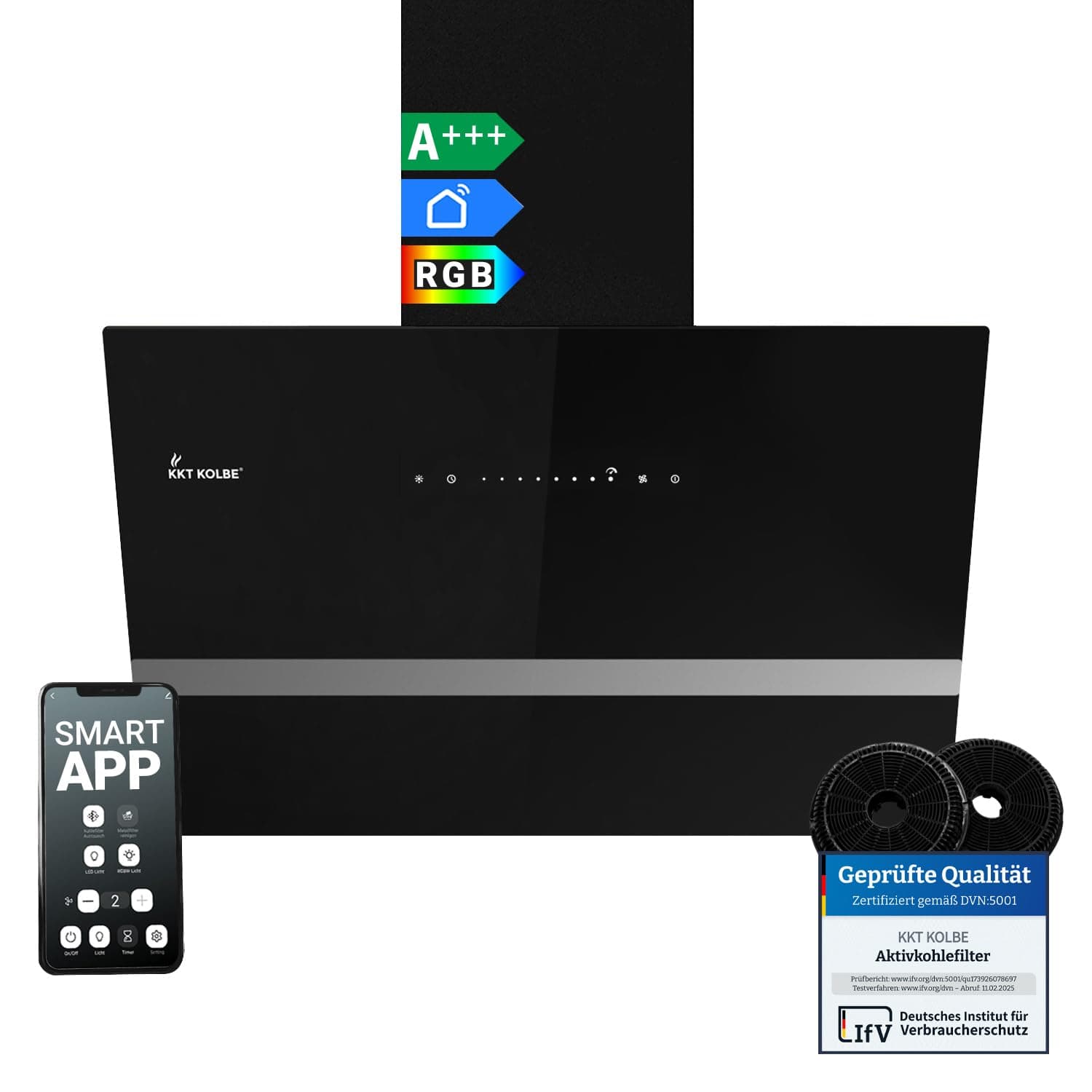 KKT KOLBE Dunstabzugshaube 60 cm | 782 cbm/h Umluft Abluft | Kopffrei | Wandhaube | Schwarz Glas | Smart WiFi App WLAN | RGBW-LED-Beleuchtung | EASY6005SM Easy Sm Schwarz 60 cm