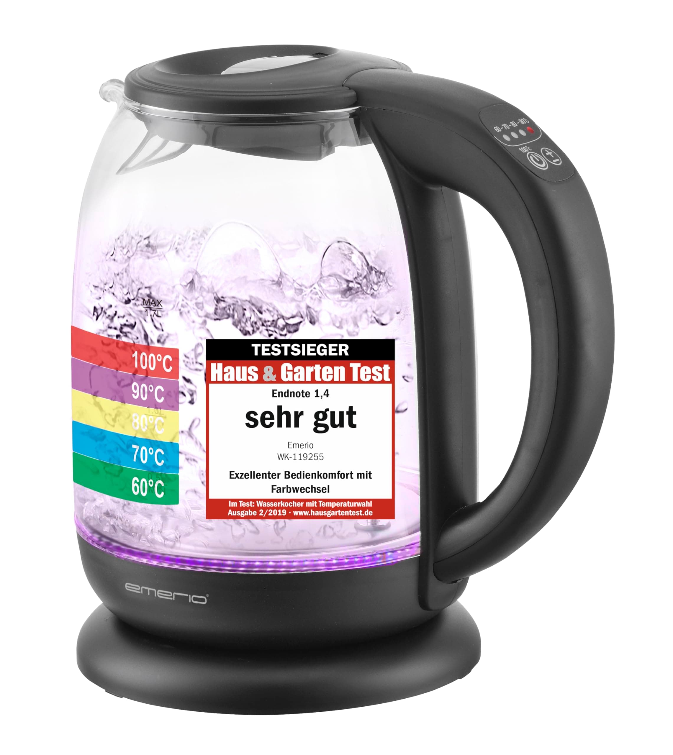 EMERIO Wasserkocher | TESTSIEGER Haus & Garten Test 02/2019 | aus hochwertigem Borosilikatglas | mit Temperaturwahl (60-70-80-90-100°C) | BPA-frei | AutoOff & Trockengehschutz | 2200W | WK-119255.5 Single
