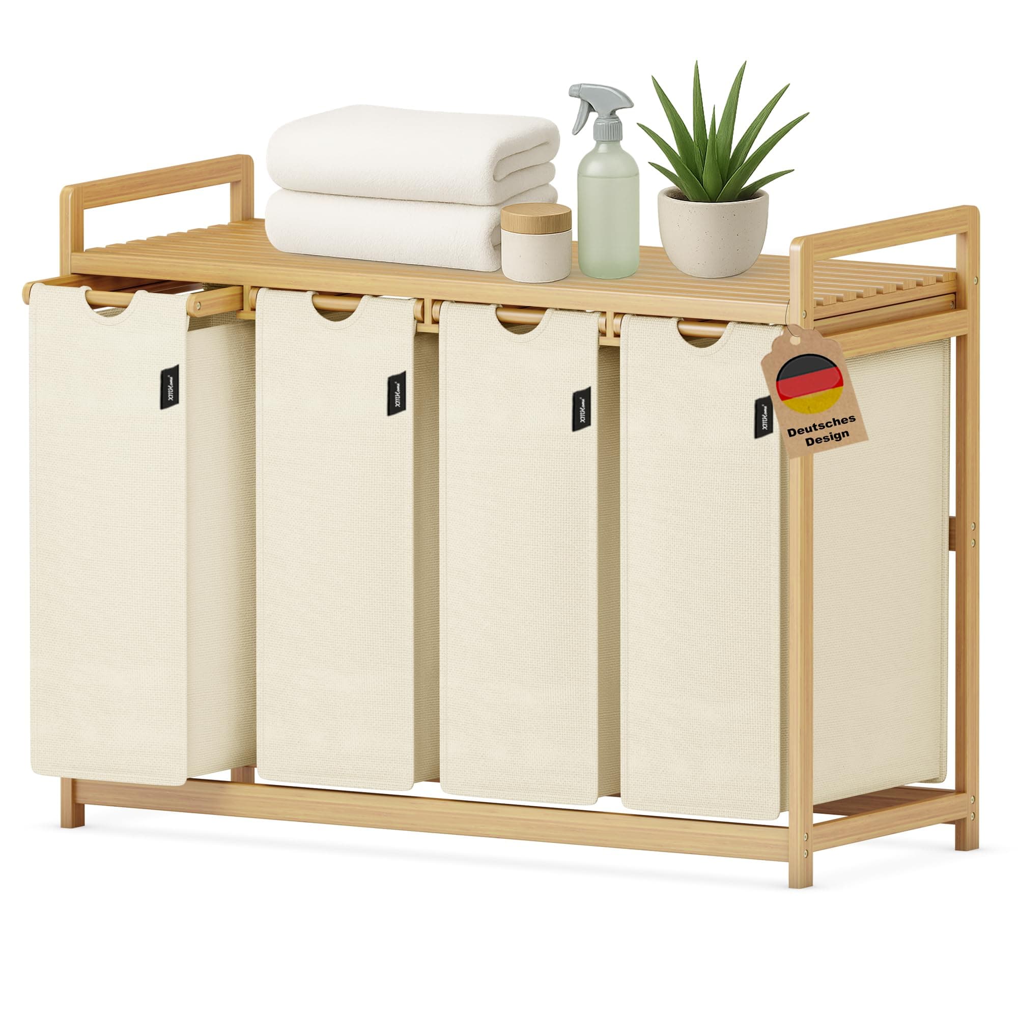 XMHome 198L Wäschekorb 4 fächer mit Einzelschicht-Regal – Robustes Bambusmaterial, Verdickte Struktur, Moderner Wäschesammler für Bad, Schlafzimmer & Waschküche Laundry Basket 102.8x41.3x77.5CM Beige Beige0621