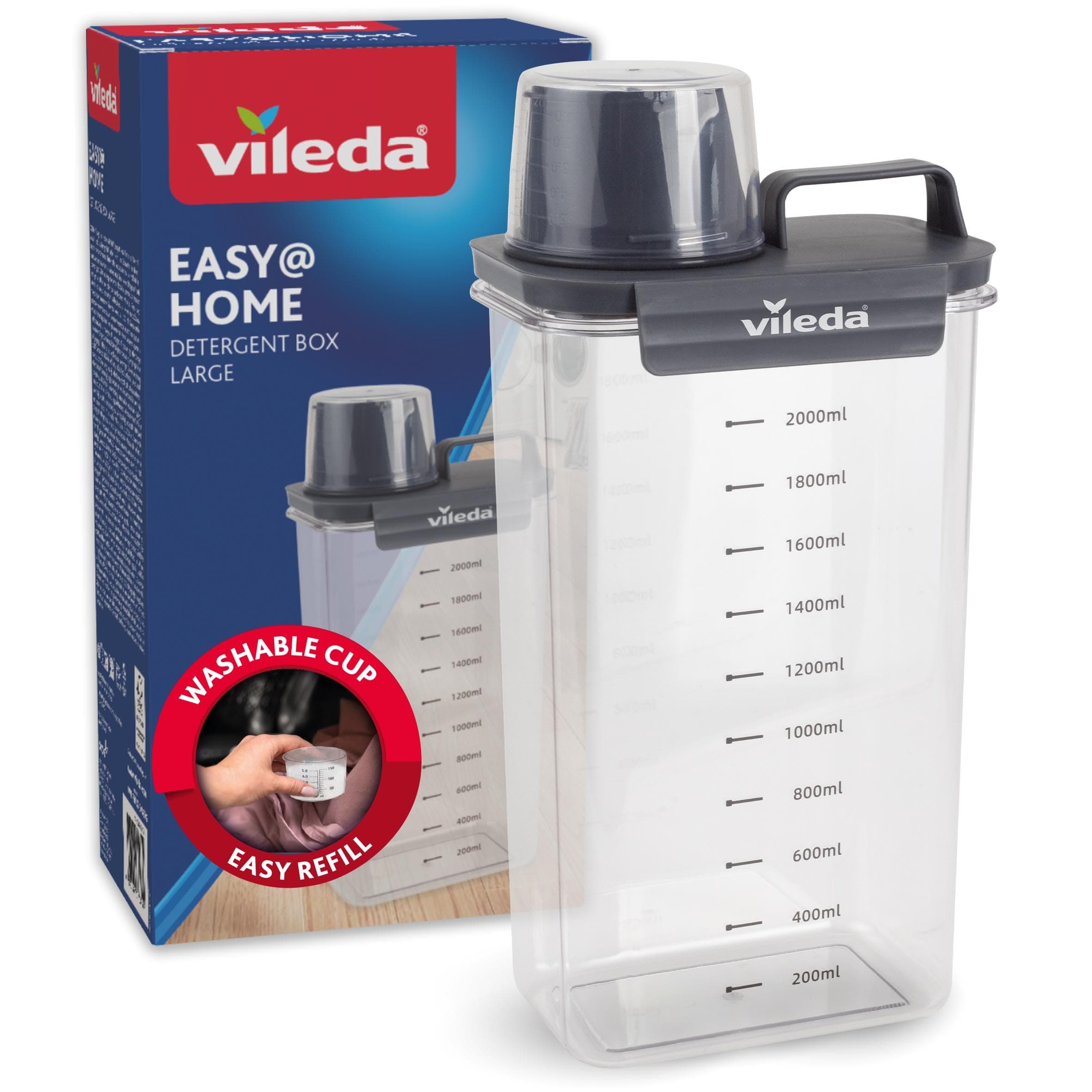 Vileda Waschmittelbox 2300ml grau - Praktische Aufbewahrung für Waschpulver - Inklusive Messbecher für präzises Dosieren - Luftdicht & Platzsparend