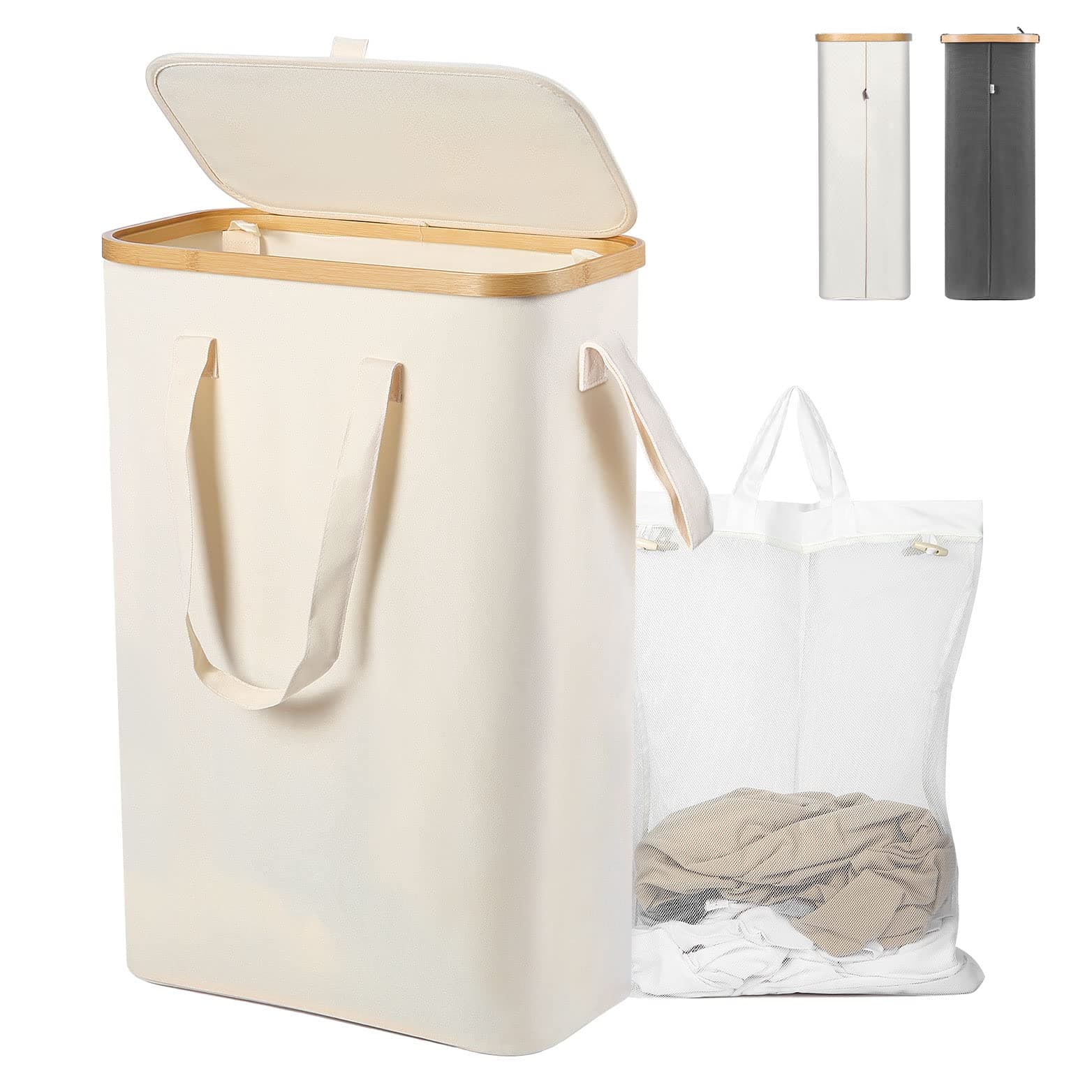 Yamagahome Wäschekorb Schmal mit Deckel, 52L Wäschesammler Schmal mit Wäschesack, Faltbarer Wäschekorb aus Bambus mit Tragegriff für Apartment, Wohnheim und Wohnwagen, Beige