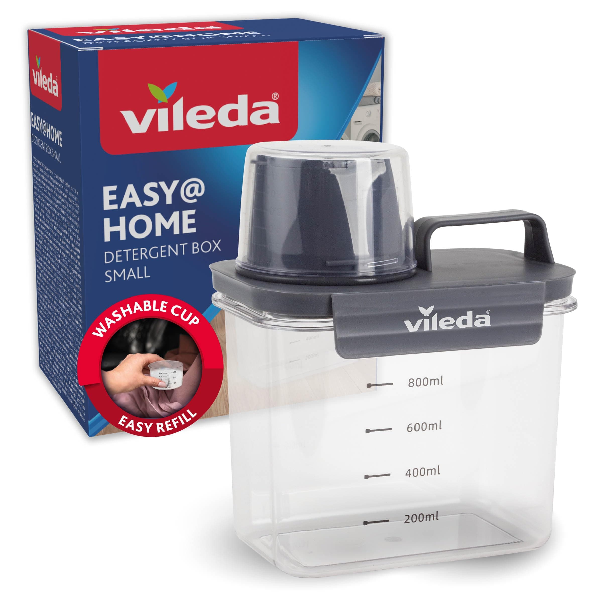 Vileda Waschmittelbox 1100ml grau - Praktische Aufbewahrung für Waschpulver - Inklusive Messbecher für präzises Dosieren - Luftdicht & Platzsparend