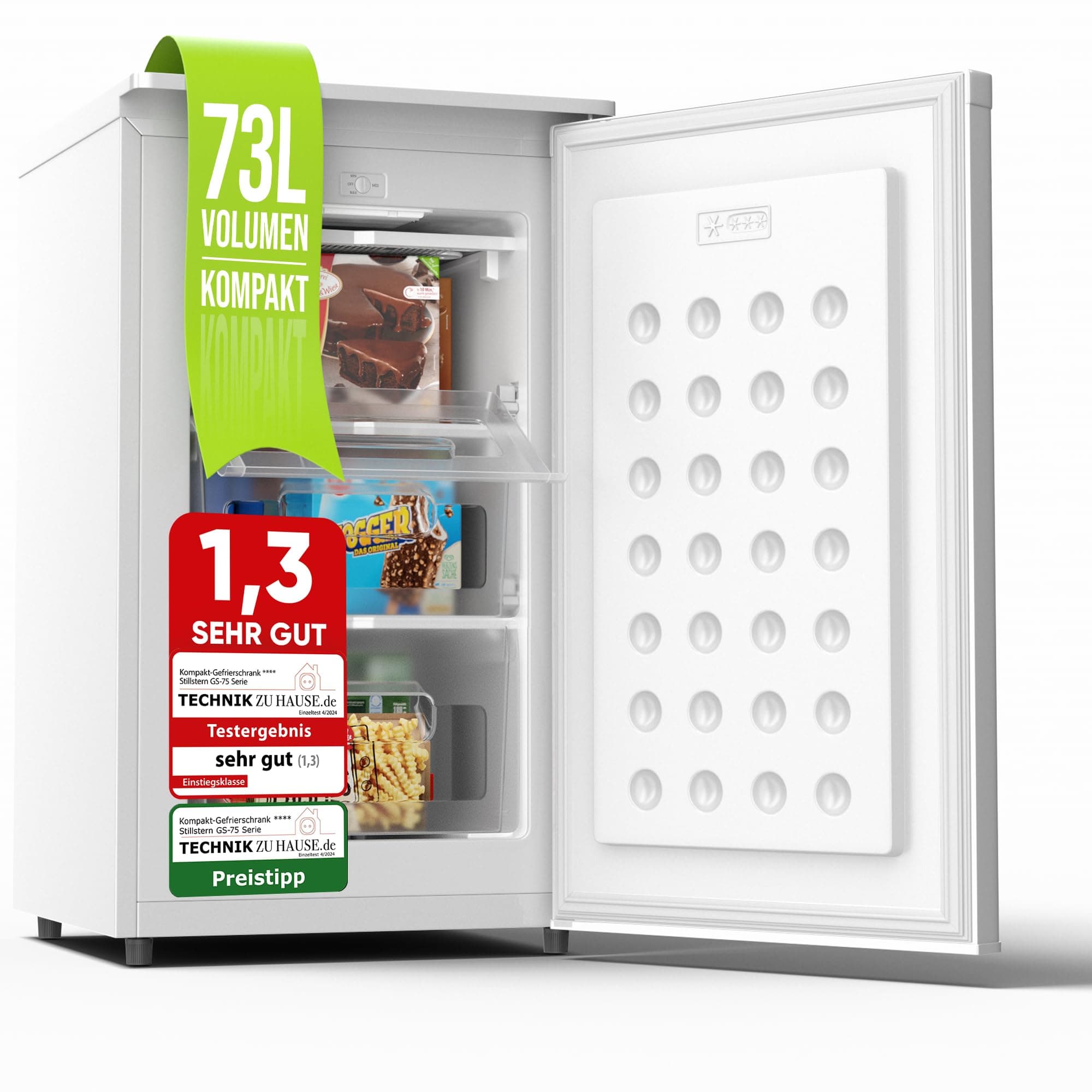 Stillstern Gefrierschrank C (73L) 4-Sterne-Gefrierfach -18°C geringer Energieverbrauch, 3 Fächer, stufenlos regelbare Temperatur, wechselbarer Türanschlag, Gefrierschrank Klein, Tiefkühlschrank Weiß