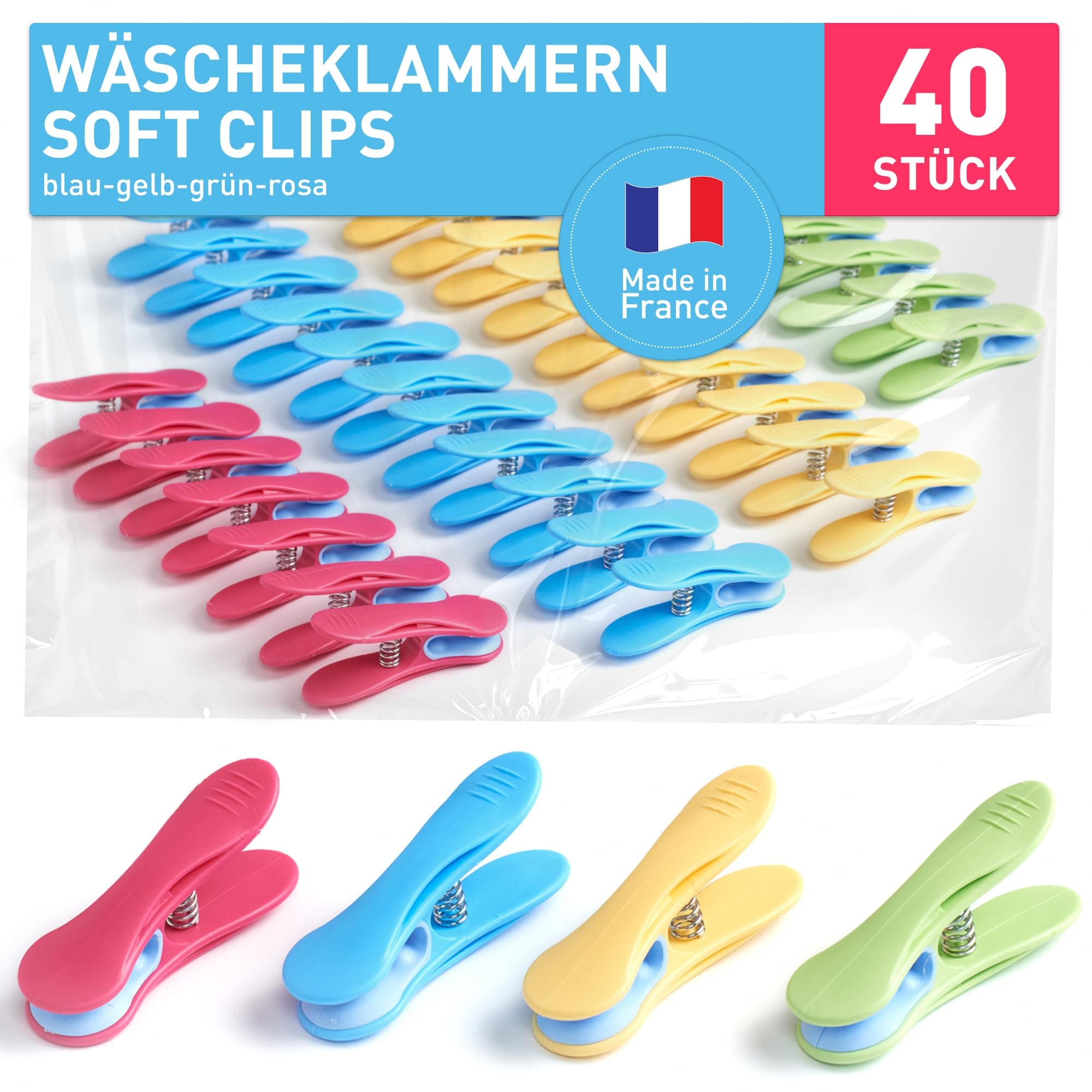culiclean Wäscheklammern ohne Abdruck stabil bunt 40x Wäscheklammer blau gelb grün rosa pink, robuste Kluppen Soft Grip Clip Clothes Pegs UV beständig Klammern zum Aufhängen von Wäsche, Socken Blau-gelb-grün-rosa