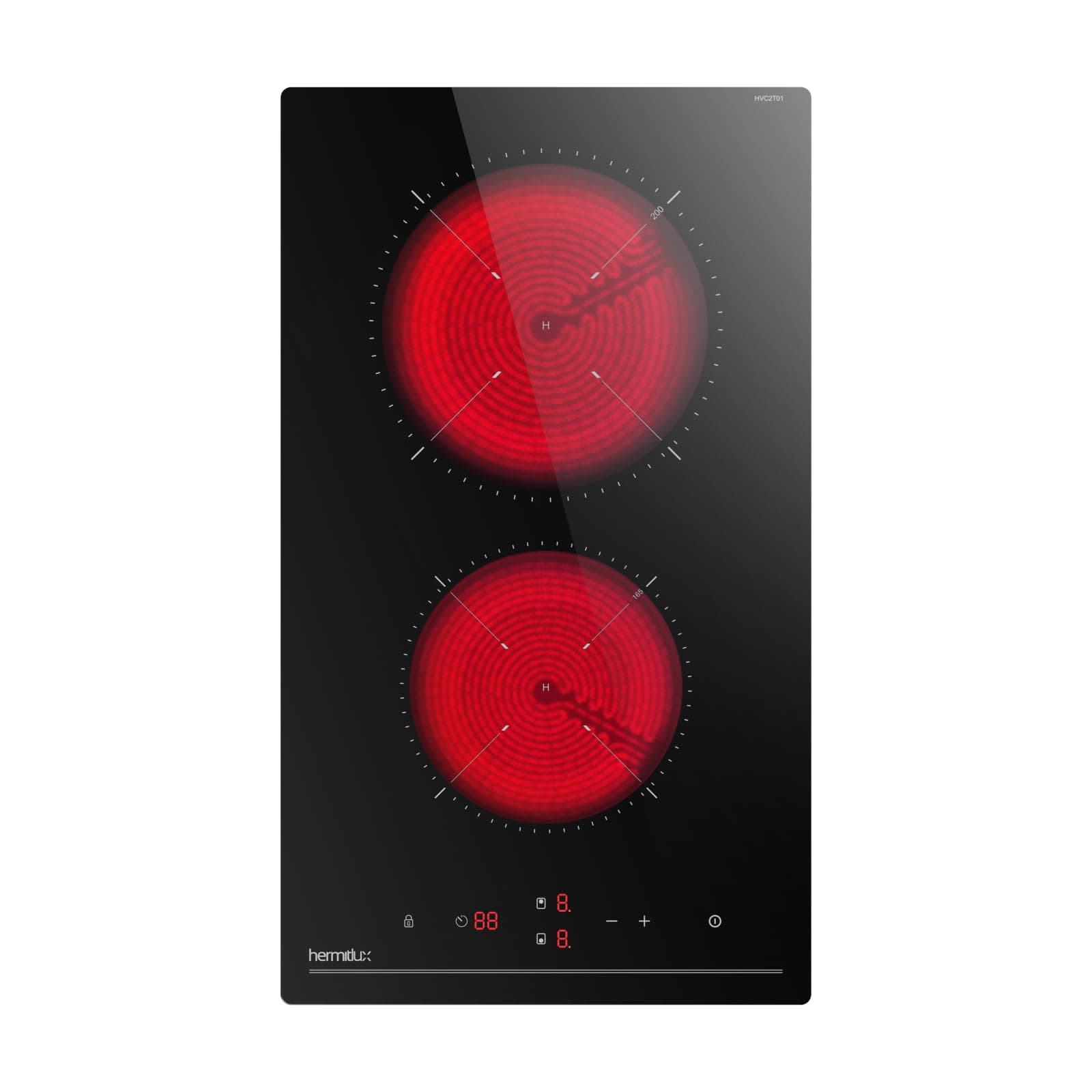 Hermitlux kochfeld 28,8cm, Glaskeramik Kochfeld 2 Platten, 9 Leistungsstufen, Touch-Steuerung, Timer, Kindersicherung, Geeignet für Alle Töpfe, 3300W Glaskeramikkochfeld 2 Zonen - 3300w(touch Control)