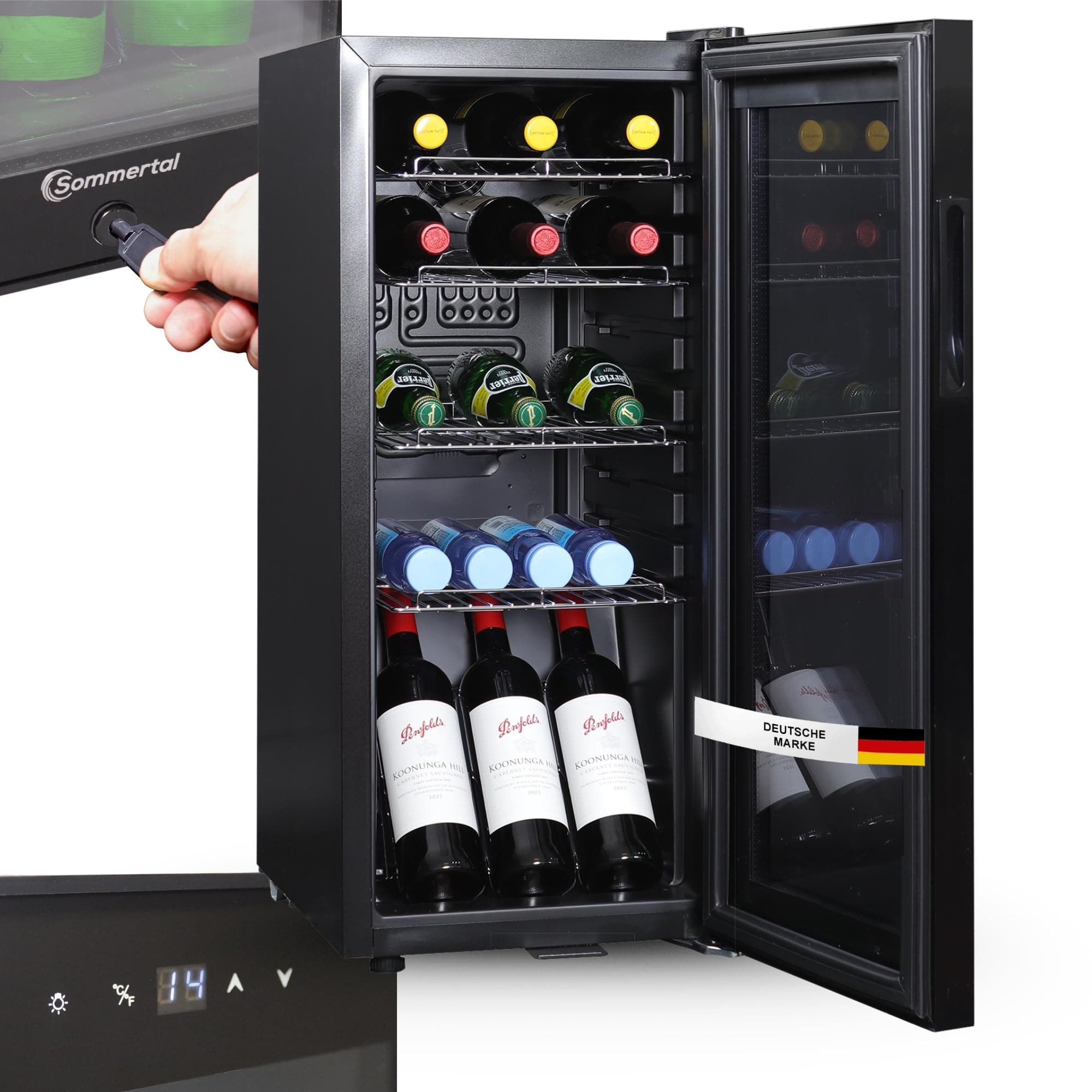 Sommertal Kühlschrank mit Glastür GK60– Leiser Getränkekühlschrank mit LED, Touchscreen & Schloss kleiner Flaschenkühlschrank schwarz 60L 60 Liter