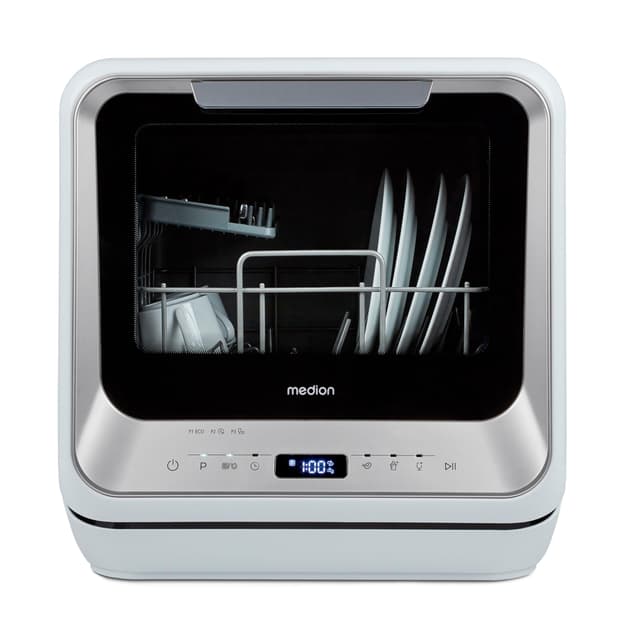 MEDION Mini Geschirrspüler DWT20 (Tischgeschirrspüler, Spülmaschine, 2 Maßgedecke, funktioniert mit/ohne Wasseranschluss, 6 Reinigungsprogramme, Babyflaschen, Startzeitvorwahl, freistehend) silber