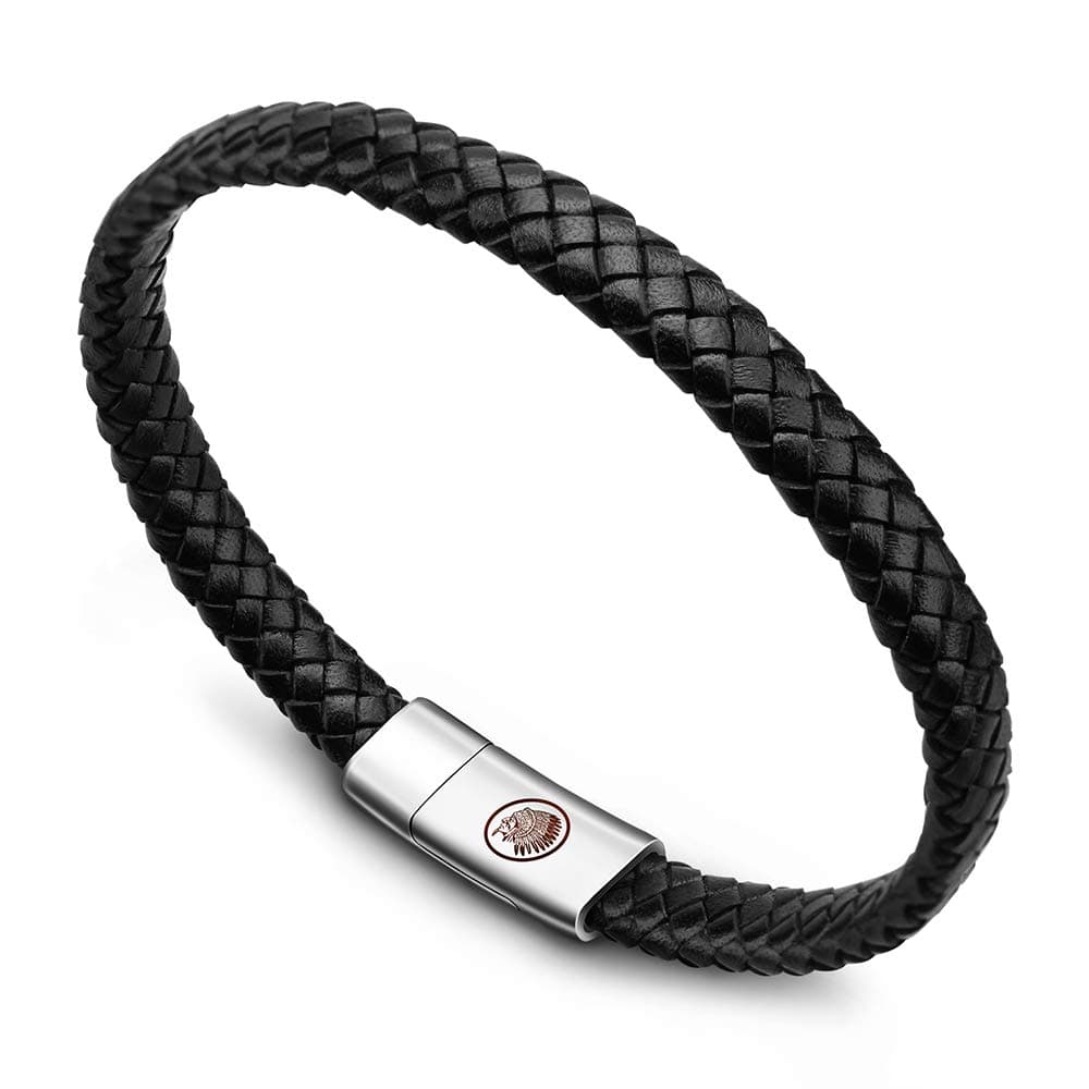 Casisto.J Lederarmband Herren Armband Herren Männer Leder Edelstahl Gravur Schwarz Braun Geflochten mit Magnet Verschluss 22.0CM Schwarz