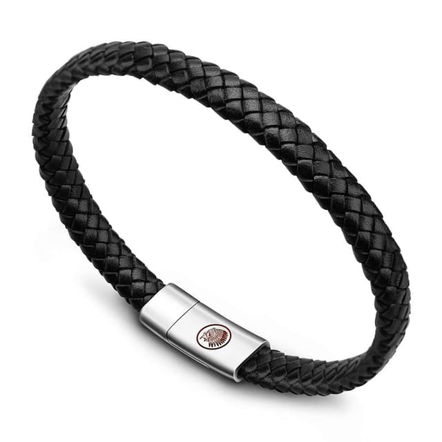Casisto.J Lederarmband Herren Armband Herren Männer Leder Edelstahl Gravur Schwarz Braun Geflochten mit Magnet Verschluss 22.0CM Schwarz