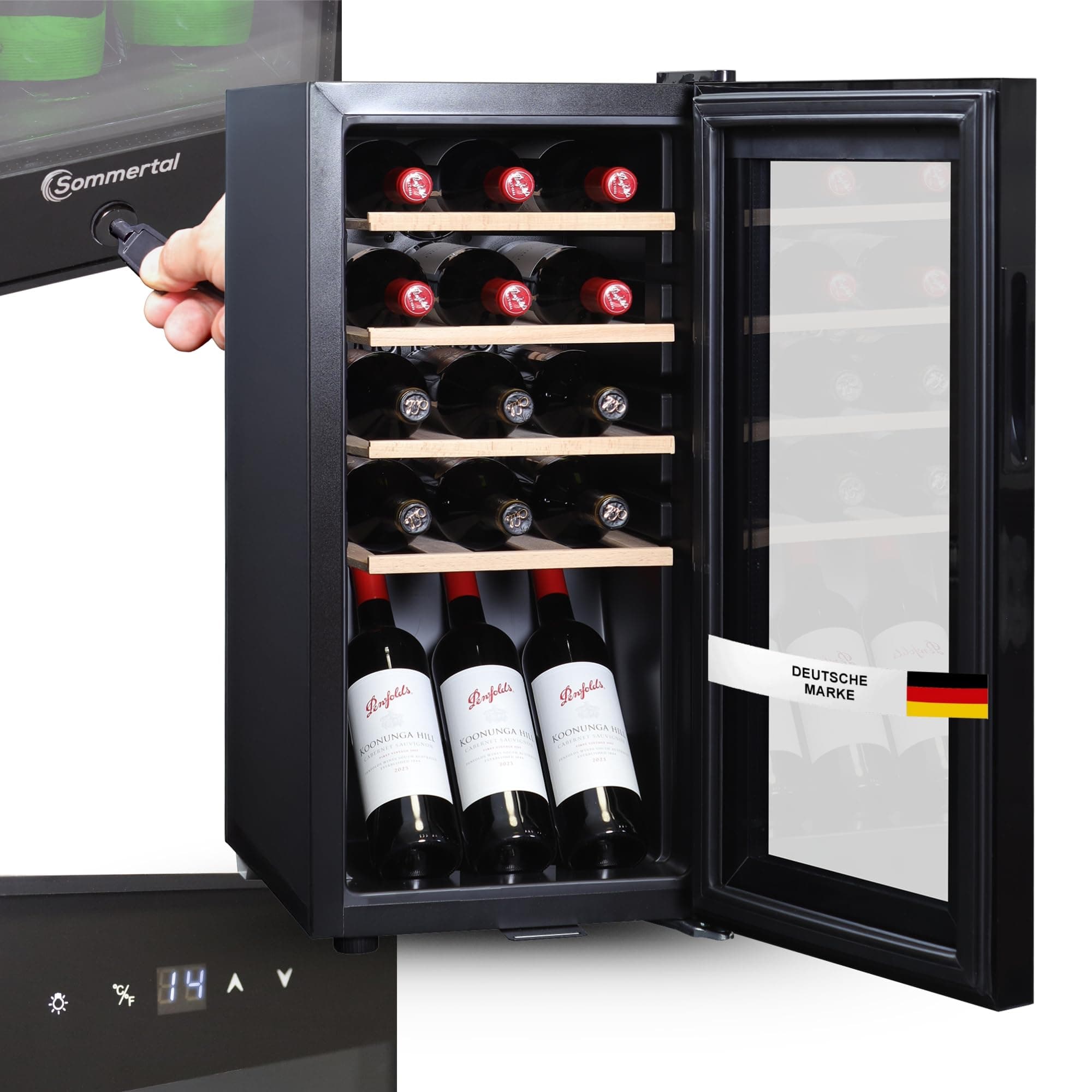 Sommertal Weinkühlschrank mit Glastür WK 50 – 15 Flaschen, 5–20C° einstellbar, abschließbar, LED-Beleuchtung, Glastür, Touchscreen, 4 Holz-Einlegeböden, leise & energiesparend, UV-Schutz Verglasung