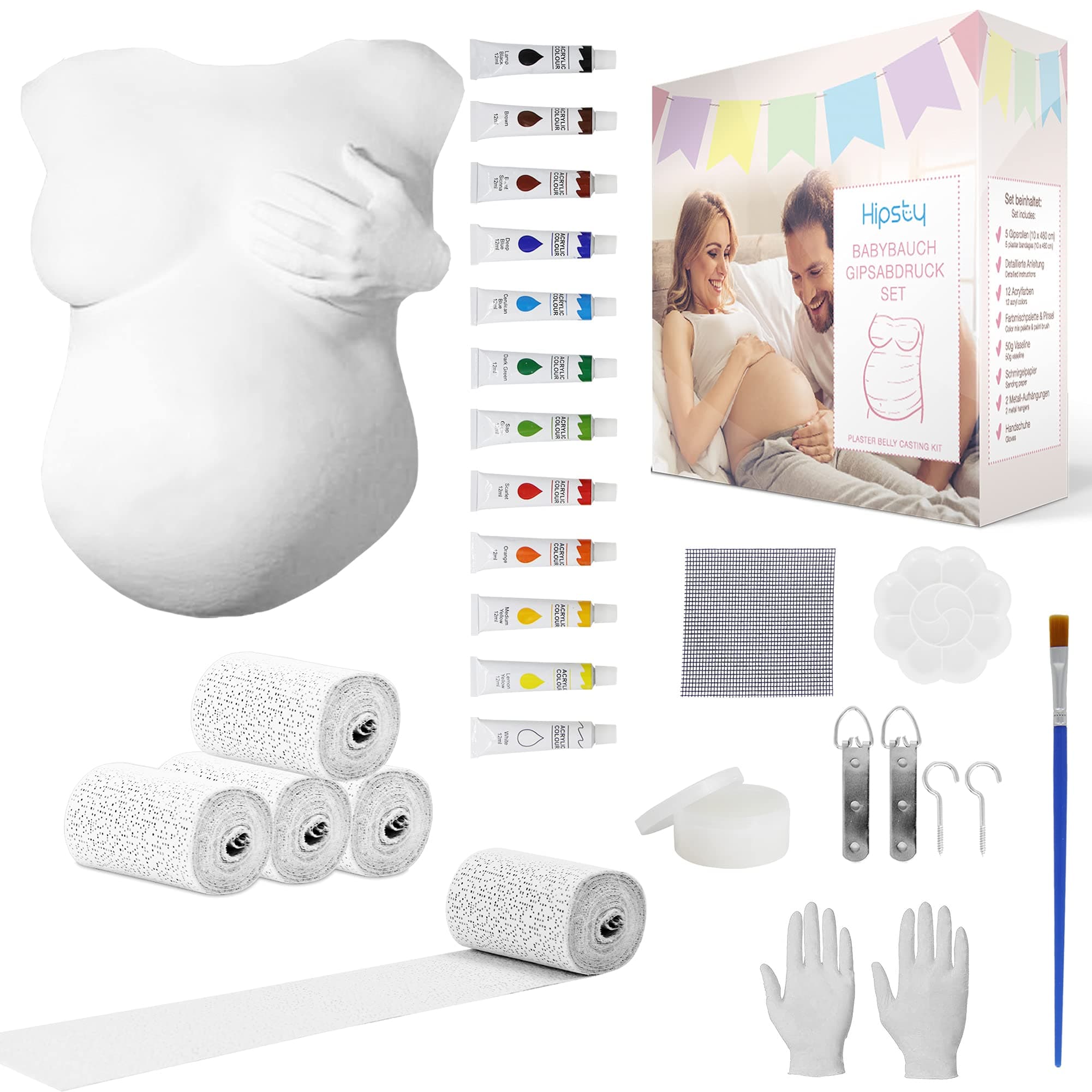 Hipsty Gipsabdruck Babybauch Set mit (23m) Gipsbinden, 12 Acrylfarben & vielem mehr | Der Bauchabdruck erinnert dich noch lange an deine Schwangerschaft | Komplettset