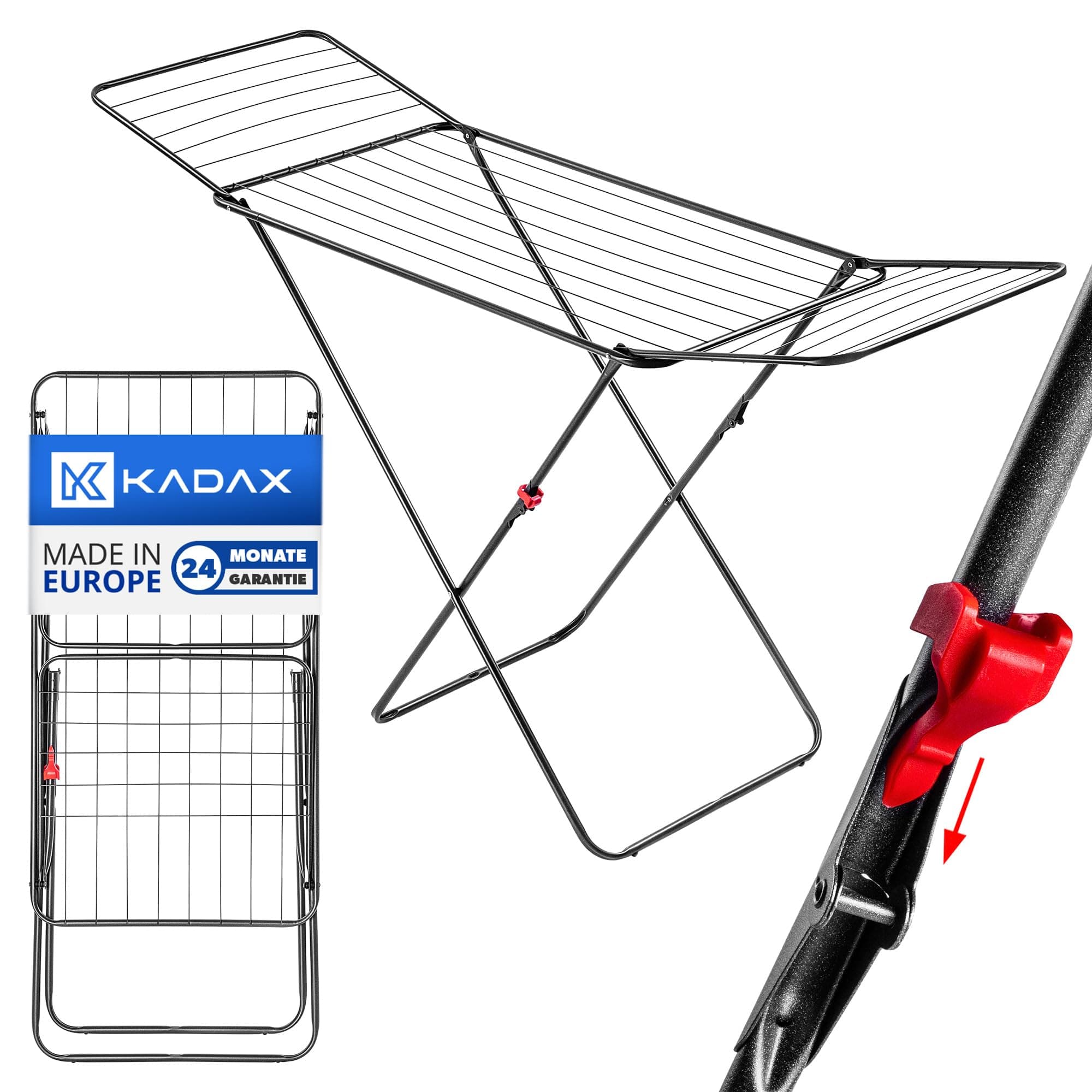 KADAX Wäscheständer mit 18m Trockenfläche Anthrazit, ideal für Wohnung, Balkon & Garten, klappbarer Flügelwäschetrockner mit rutschfesten Füßen, platzsparend, Wäschetrockner Made in EU