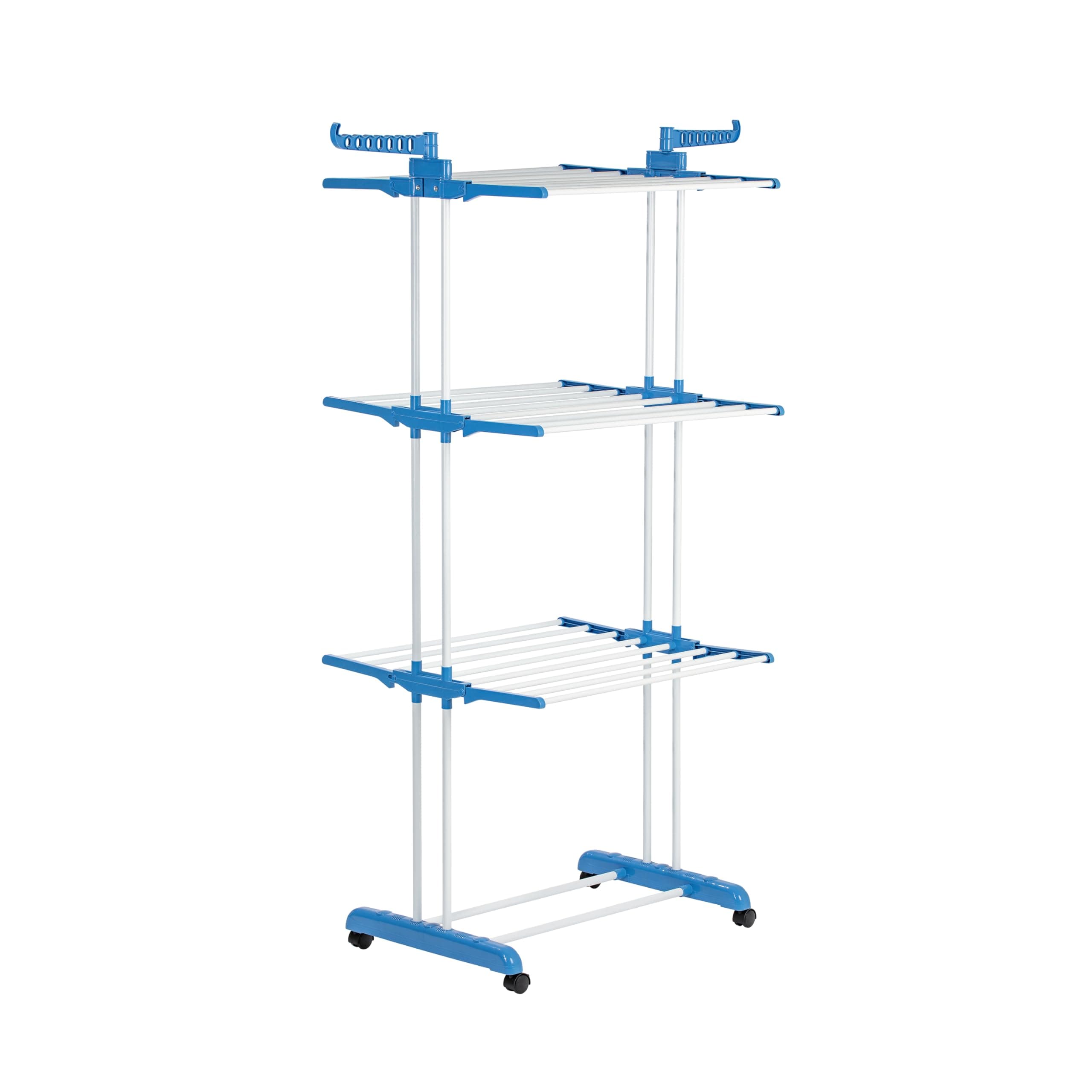 EASYmaxx Klappbarer Wäscheständer | Effizientes Trocknen mit 3 Ebenen, 2 Seitenflügeln & leichtem Aufbau | Platzsparend, vielseitig und mobil für drinnen und draußen Weiß/Blau