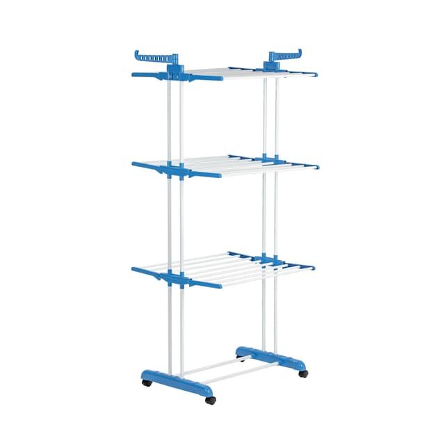 EASYmaxx Klappbarer Wäscheständer | Effizientes Trocknen mit 3 Ebenen, 2 Seitenflügeln & leichtem Aufbau | Platzsparend, vielseitig und mobil für drinnen und draußen Weiß/Blau