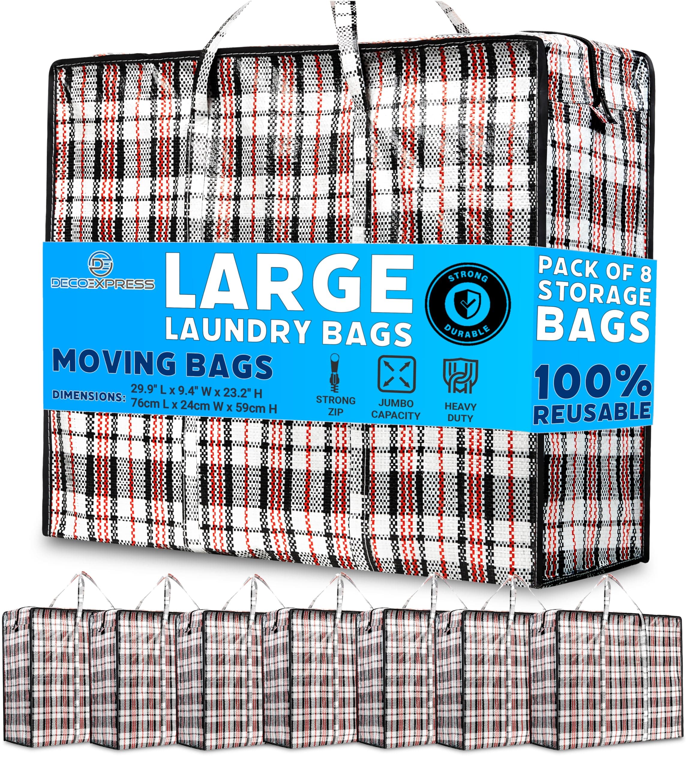 Deco Express Storage Bag, Jumbo Travel Organizer Tasche mit stabilem Reißverschluss und Griffen, große garment bag, vielseitige klamotten aufbewahrung Tasche, 76 x 59 x 24 cm, 8er-Pack Pack of 8