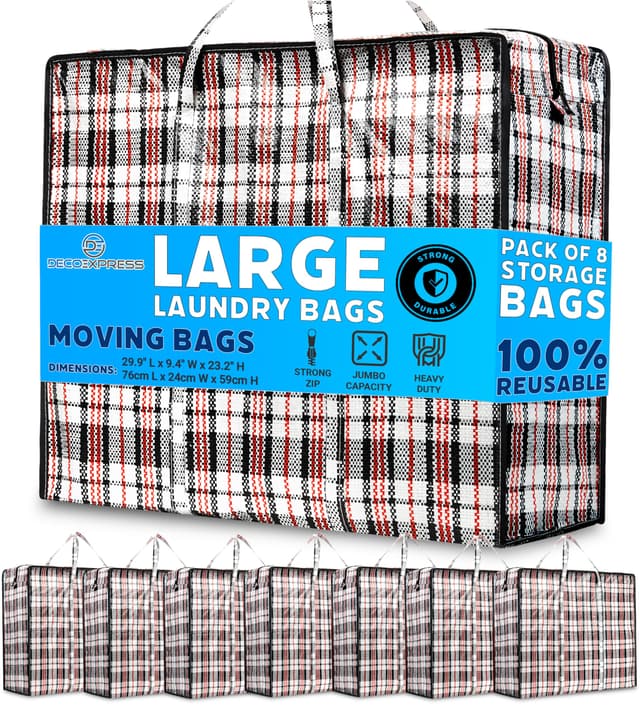 Deco Express Storage Bag, Jumbo Travel Organizer Tasche mit stabilem Reißverschluss und Griffen, große garment bag, vielseitige klamotten aufbewahrung Tasche, 76 x 59 x 24 cm, 8er-Pack Pack of 8