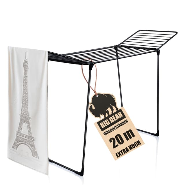 BigDean Wäscheständer 20m extra hoch & Dicke Leinen - Wäscheständer XXL - platzsparend - Klappbarer Flügelwäscheständer- Wäschetrockner Made in Europe Schwarz