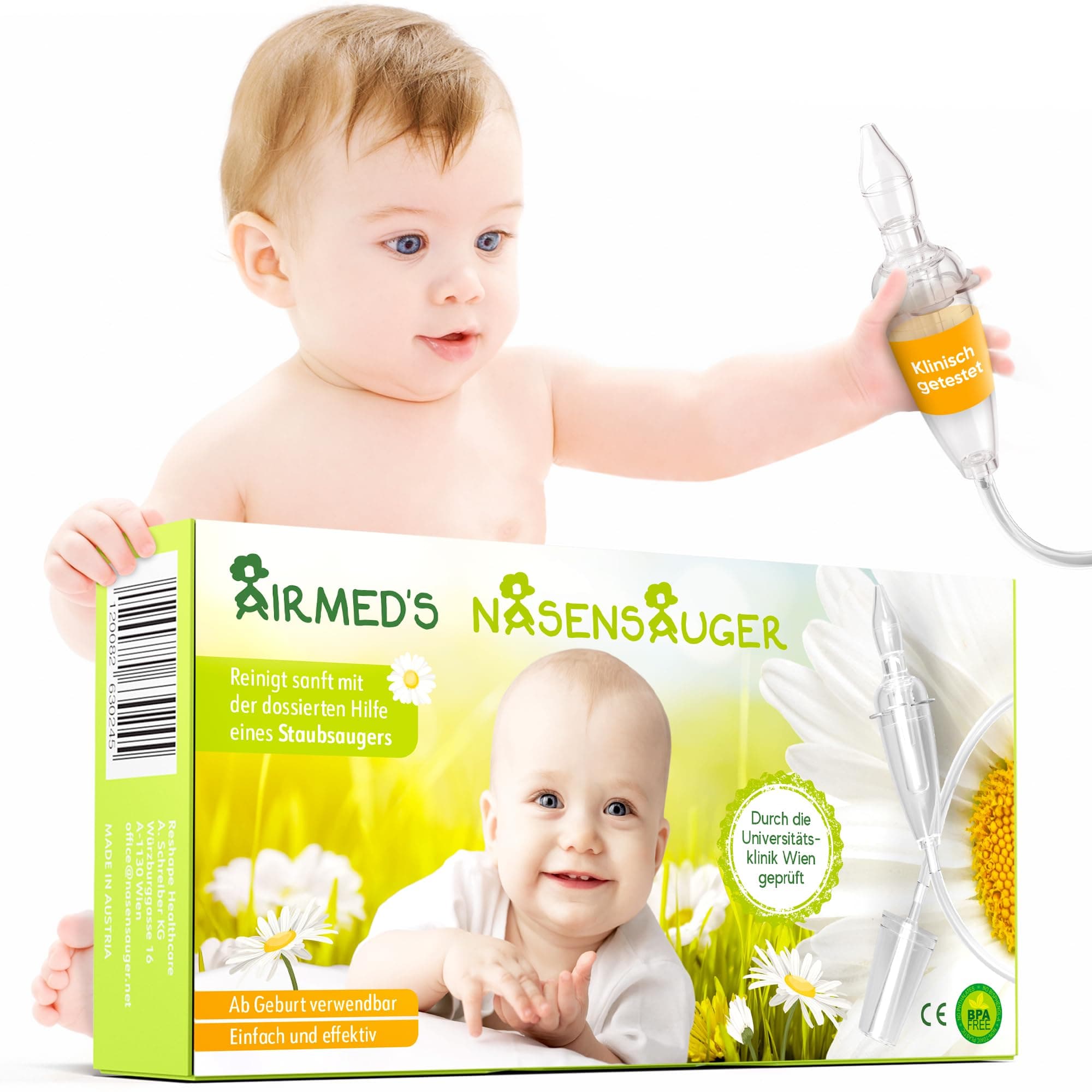 Nasensauger Baby. Original Airmed's Nasensauger. KLINISCH GETESTET, sicher und sanft. Nasensekretsauger mit 2 Saugköpfen & Gratis Reinigungsbürste. Für jeden Staubsauger geeignet