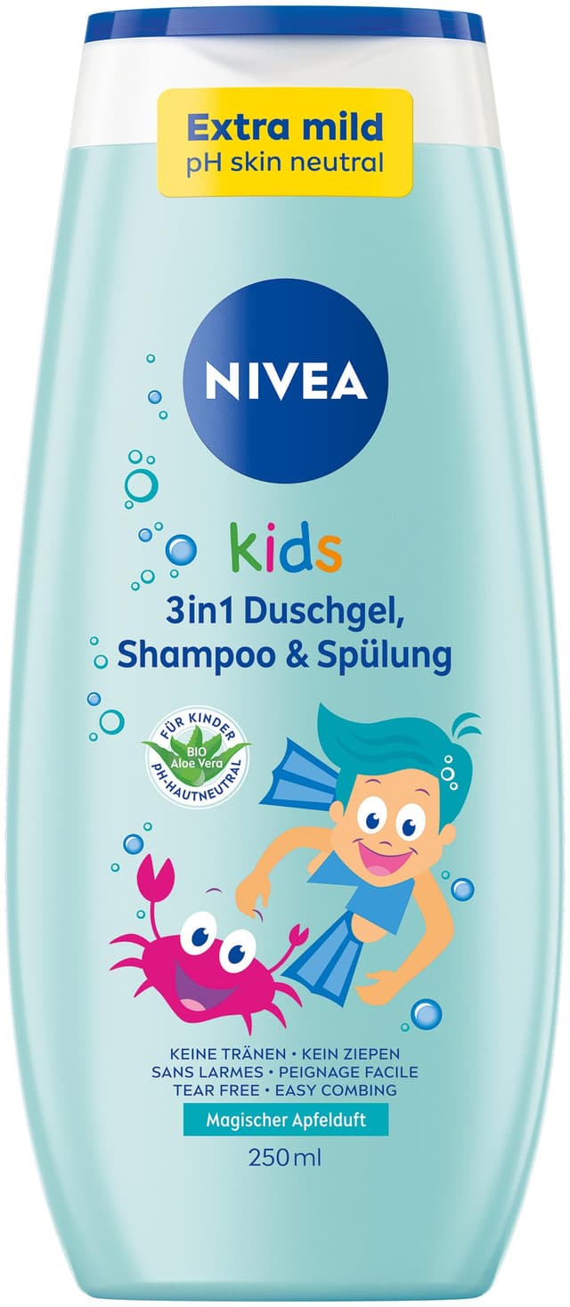 NIVEA KIDS 3in1 Duschgel, Shampoo & Spülung, Pflege und Reinigung für Kids mit magischem Apfelduft, extra milde, seifenfreie Haar- und Hautpflege für Kinder (250 ml) Apfelduft - 0% Mikroplastik