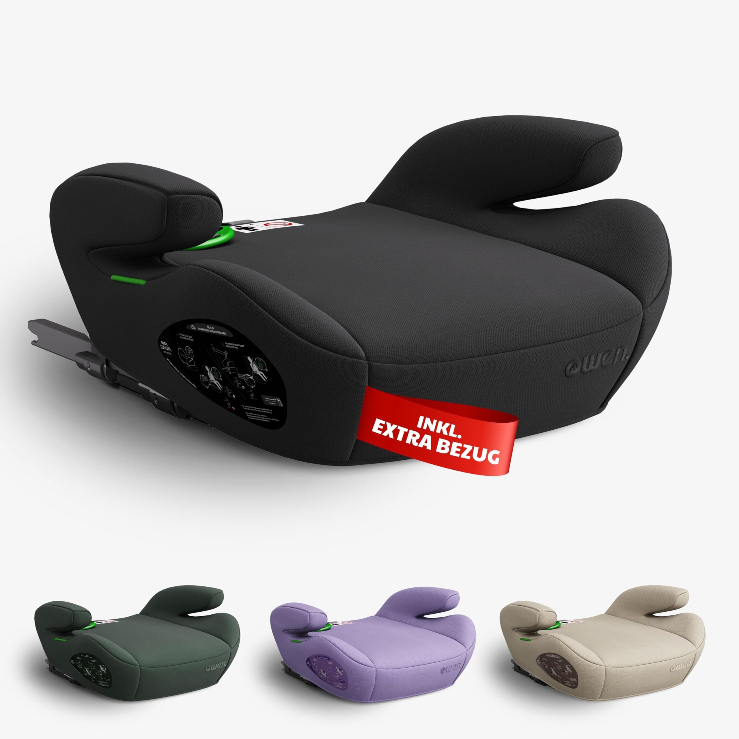 OWEN Sitzerhöhung Auto mit ISOFIX | Kindersitz mit Memory-Schaum & Wechselbezug | Für 15–36 kg (6–12 Jahre) | ECE R129 geprüft | ergonomisch & leicht | Bezug waschbar – schwarz