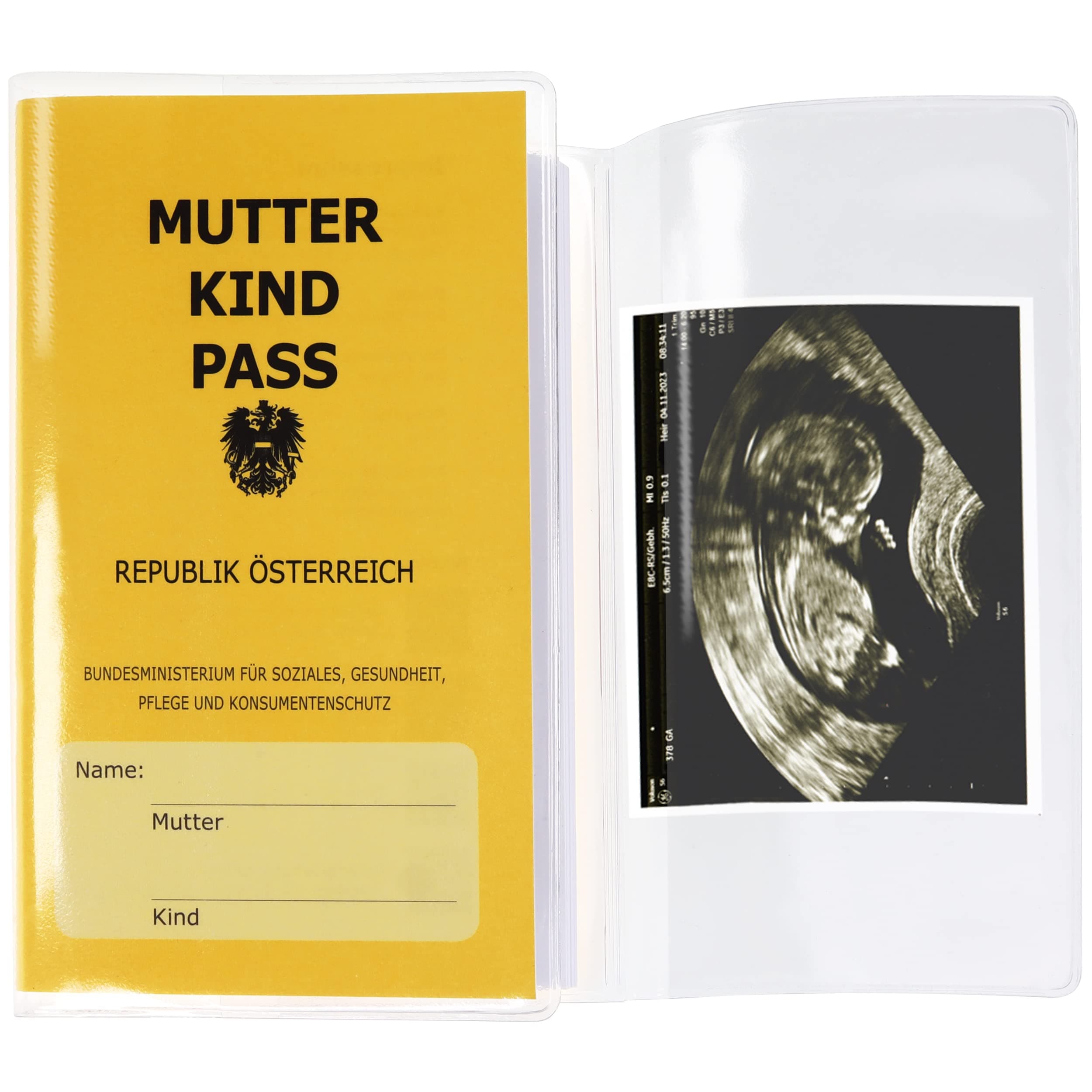 Olgs Mutter-Kind-Pass Hülle | Transparente MKP Schutzhülle aus Österreich | Mit Extrafach für Ultraschallbilder | Mutterkindpass Organizer | Blanko Etui - 1 Stück
