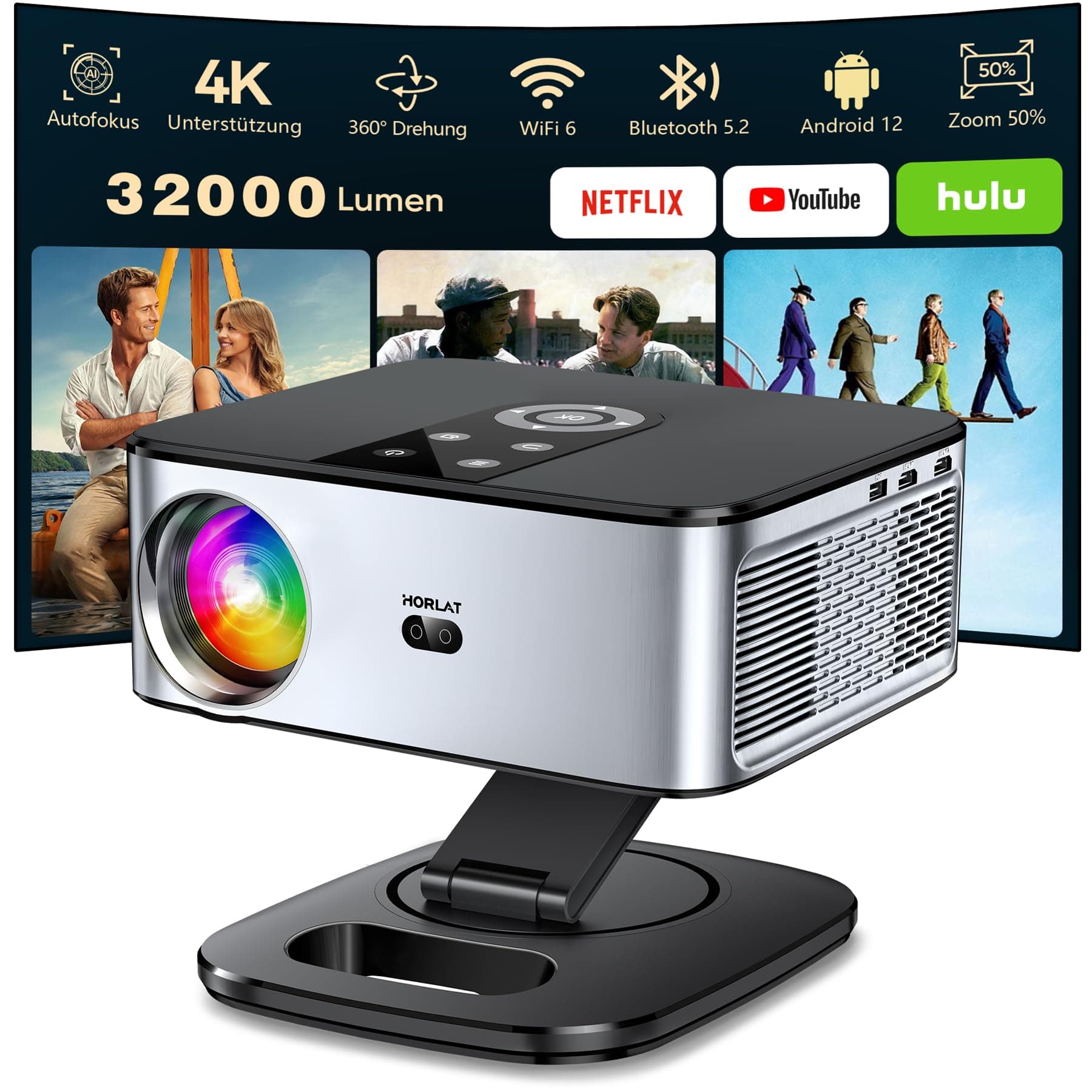 Beamer【Auto Fokus/Trapezkorrektur & 1200 ANSI】 HORLAT Beamer 4K Heimkino, Full HD 1080P WiFi 6 Bluetooth Projektor, 50% Zoom, Projektor Mit 360° Drehbarem Ständer für TV Stick/Smartphone Silbergrau s