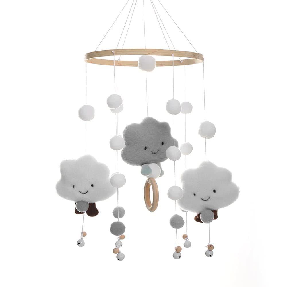 TVAIVTN Mobile Baby Windspiele, Puppe, Holz mit Filzbällen 3D Wolken, Bettglocke Anhänger für Babybett, Jungen und Mädchen (Grau)