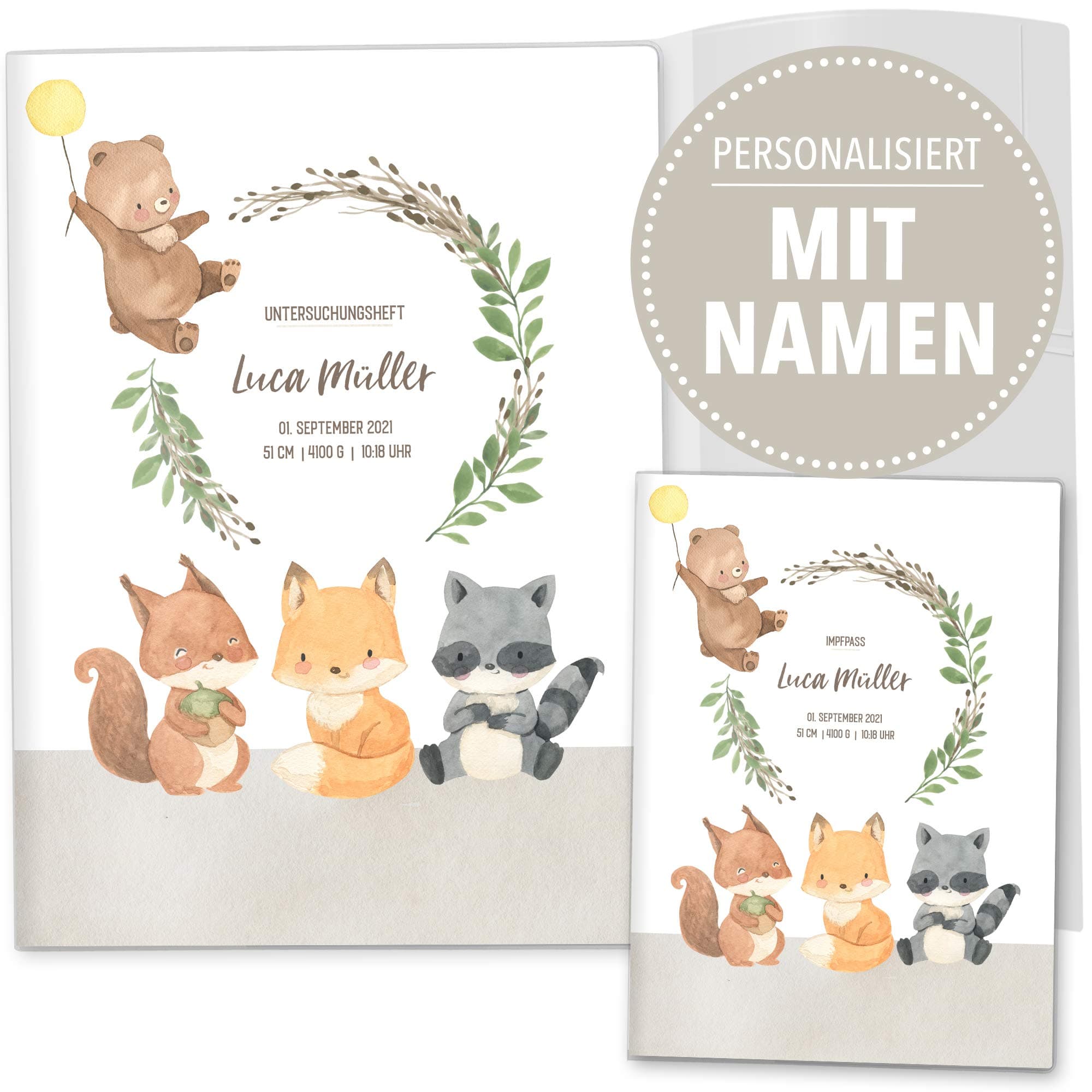 OLGS U-Heft und Impfpasshüllen Set 3-teilig mit süßen Waldtiere-Freunden | Cute Forest | Untersuchungsheft Hülle & Impfpasshülle mit Namen, Geburtsdatum | Babygeschenk (Uhefthüllen, personalisiert)