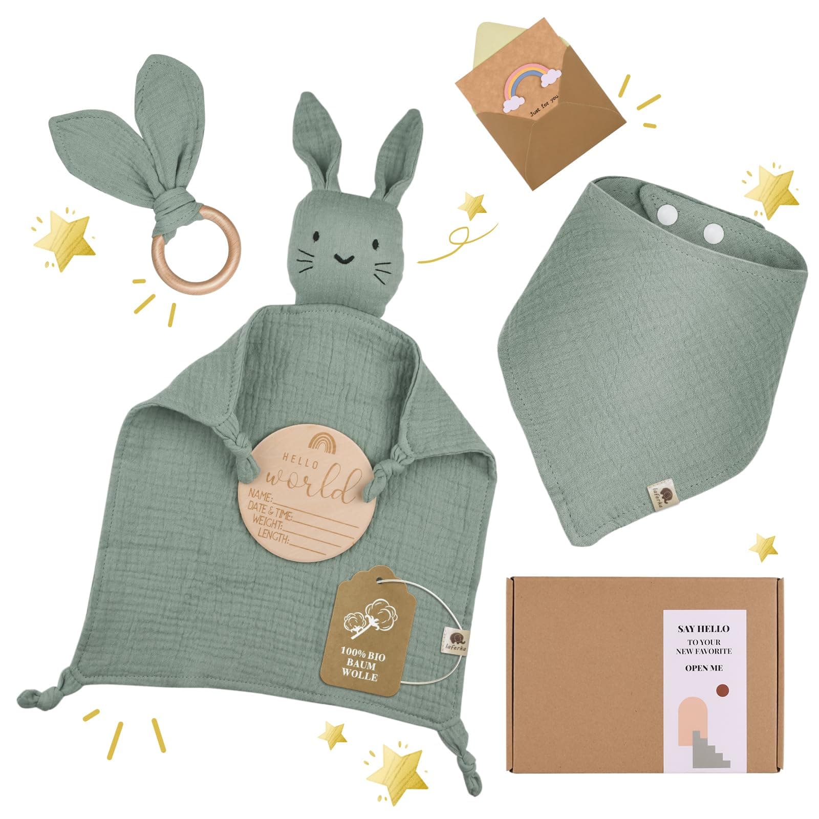 LAFERKA Neugeborenen Geschenk Junge | Zur Geburt Für Mädchen | Geschenkset mit 100% Baumwolle Schmusetuch+Lätzchen +Beißring+Baby Holzschild