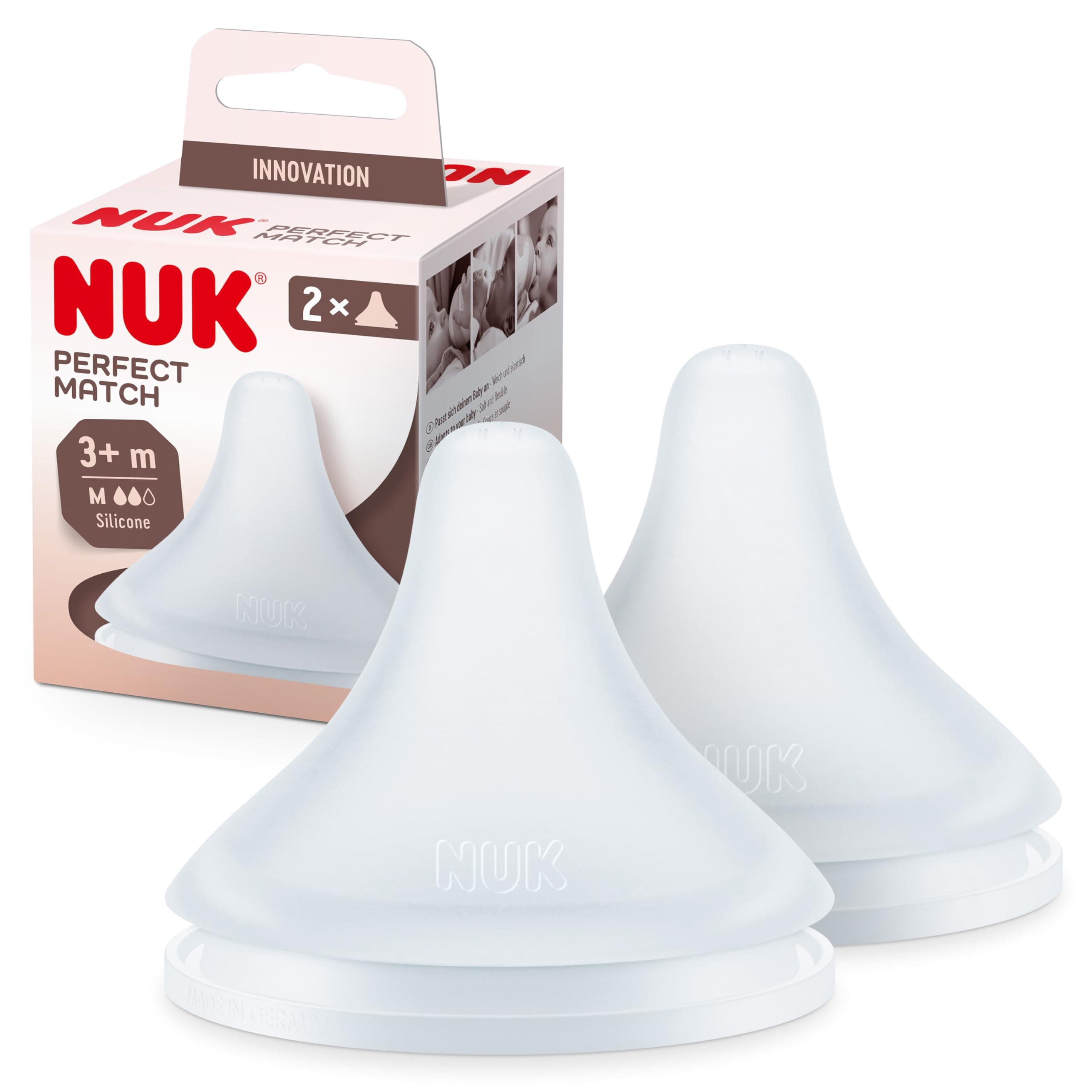 NUK Perfect Match Babyflaschentrinksauger | Ab 3 Monate | Passt sich dem Baby an | Anti-Colic | BPA-frei | Silikonsauger für Flaschen, Medium | 2 Stück M Mittel