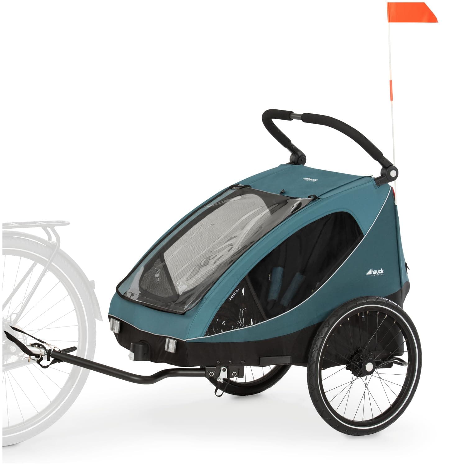 hauck 2in1 Fahrradanhänger & Buggy für 2 Kinder ab 6 Monaten bis 120 cm oder 22 kg Dryk Duo inkl. Deichsel, Kupplung, Buggyrad, Wimpel & Rücklicht, Zusammenklappbar, XL Kofferraum (Ocean Green) Ocean Green Dryk Duo