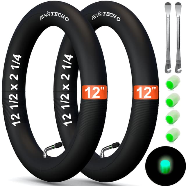 2X 12 Zoll Schlauch für Kinderfahrrad, Kinderwagen, Laufrad & Roller | für 12 1/2x2 1/4 (57-203), 12x1.75 (47-203), 12x2.10 (54-203) | mit AV 90° + 4 Leucht-Ventilkappen