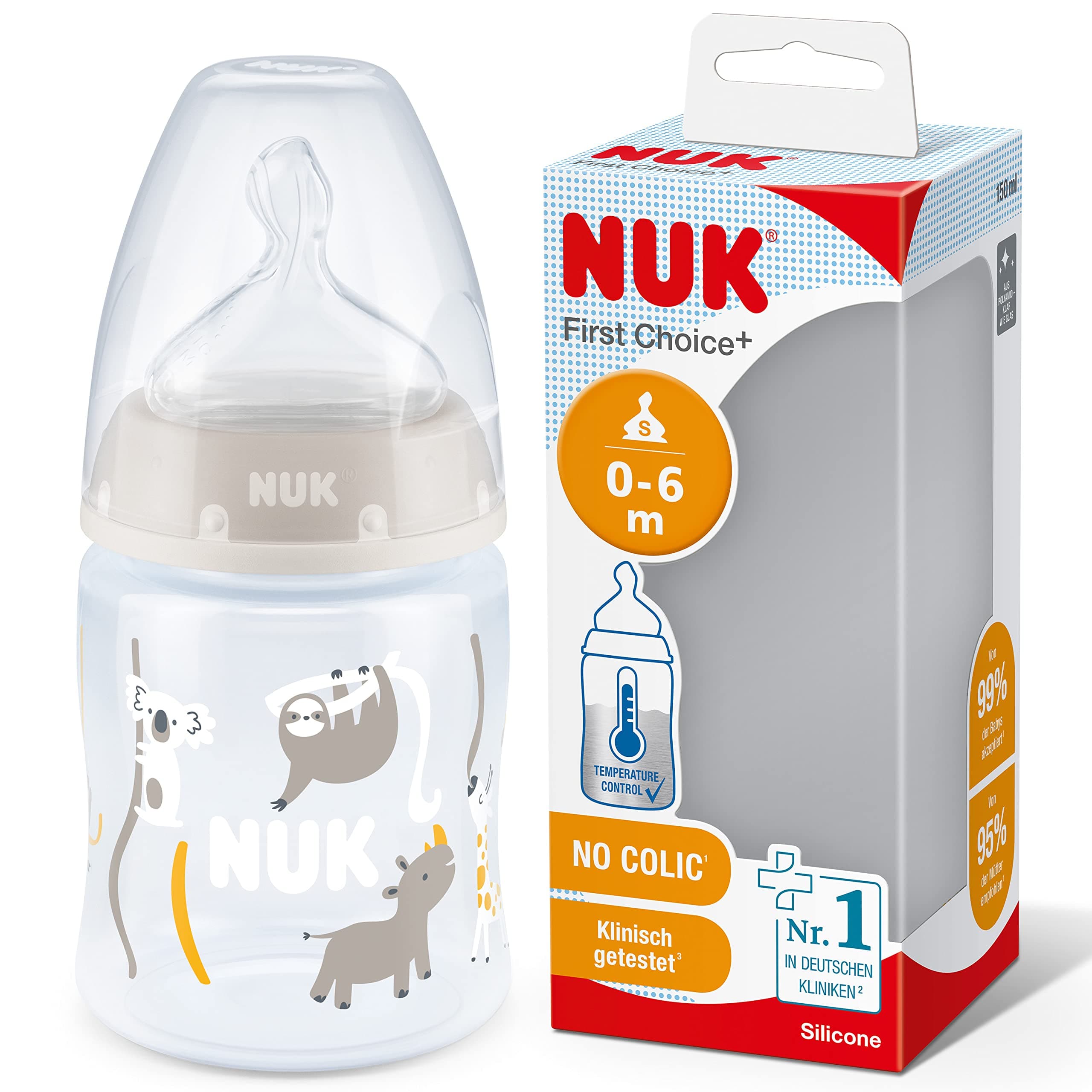 NUK First Choice+ Babyflasche | 0–6 Monate | Temperature Control Anzeige | 150 ml | Anti-Colic-Ventil | BPA-frei | Trinksauger aus Silikon | Safari (neutral) First Choice 150ml