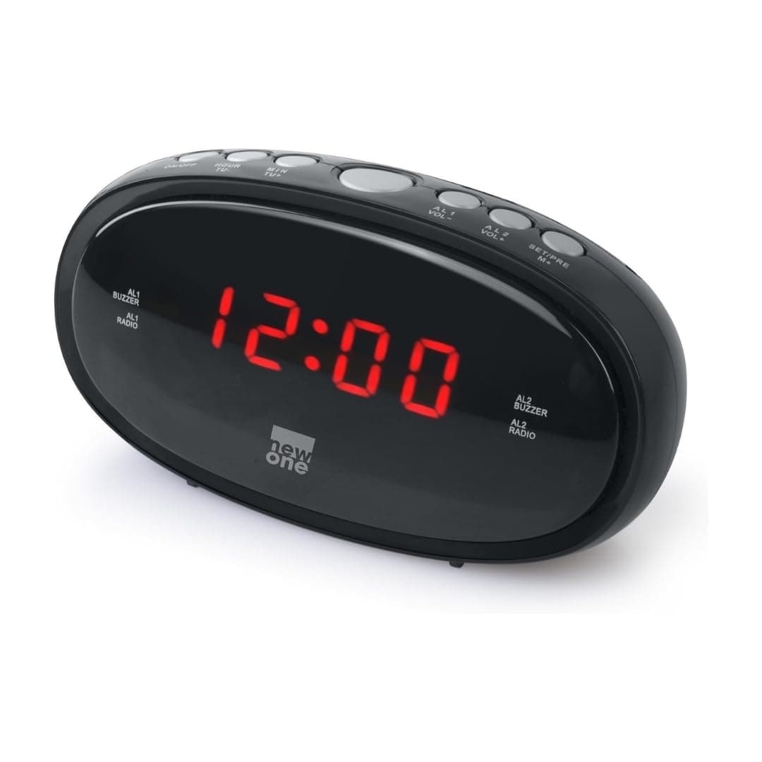 New One CR-100 Uhrenradio mit großem LED-Display | Dual Alarm, Schlummerfunktion, UKW-Radio, dimmbar, Netzbetrieb & Batterie-Backup