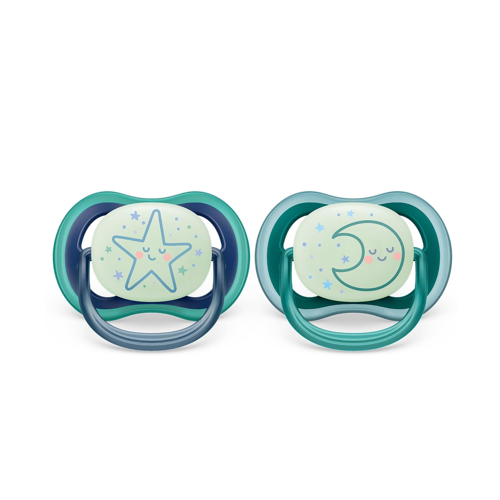 Philips AVENT ultra air Nighttime Schnuller – 2er Pack, BPA-freier, atmungsaktiver, im Dunkeln leuchtender Schnuller für Babys von 6-18 Monaten, inklusive Transport und Sterilisationsbox, Sterne/Mond