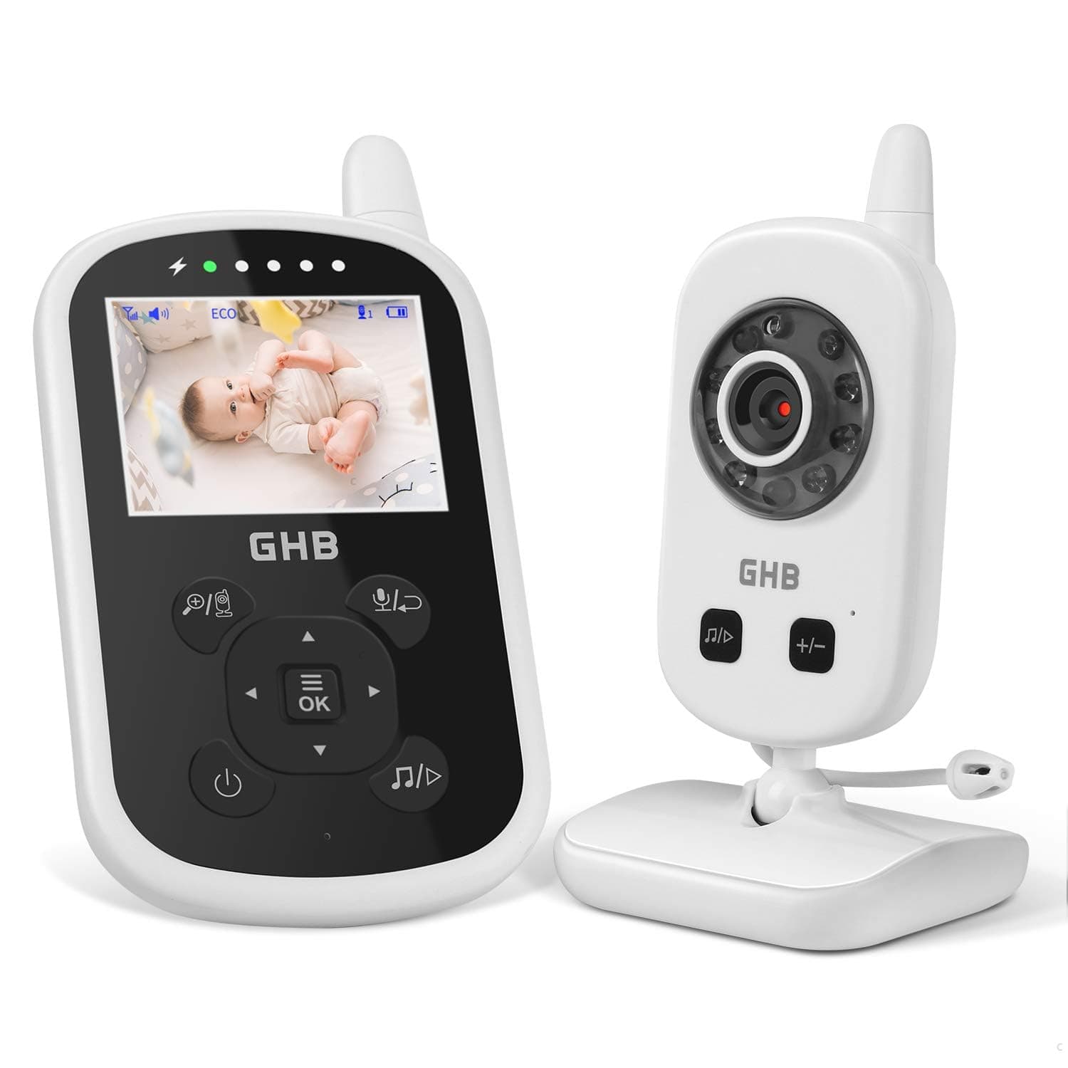 GHB Babyphone mit Kamera Video Baby Monitor 2,4 GHz Gegensprechfunktion ECO Modus Lange Akkulaufzeit Nachtsicht Temperatursensor Schlaflieder 2.4 Zoll