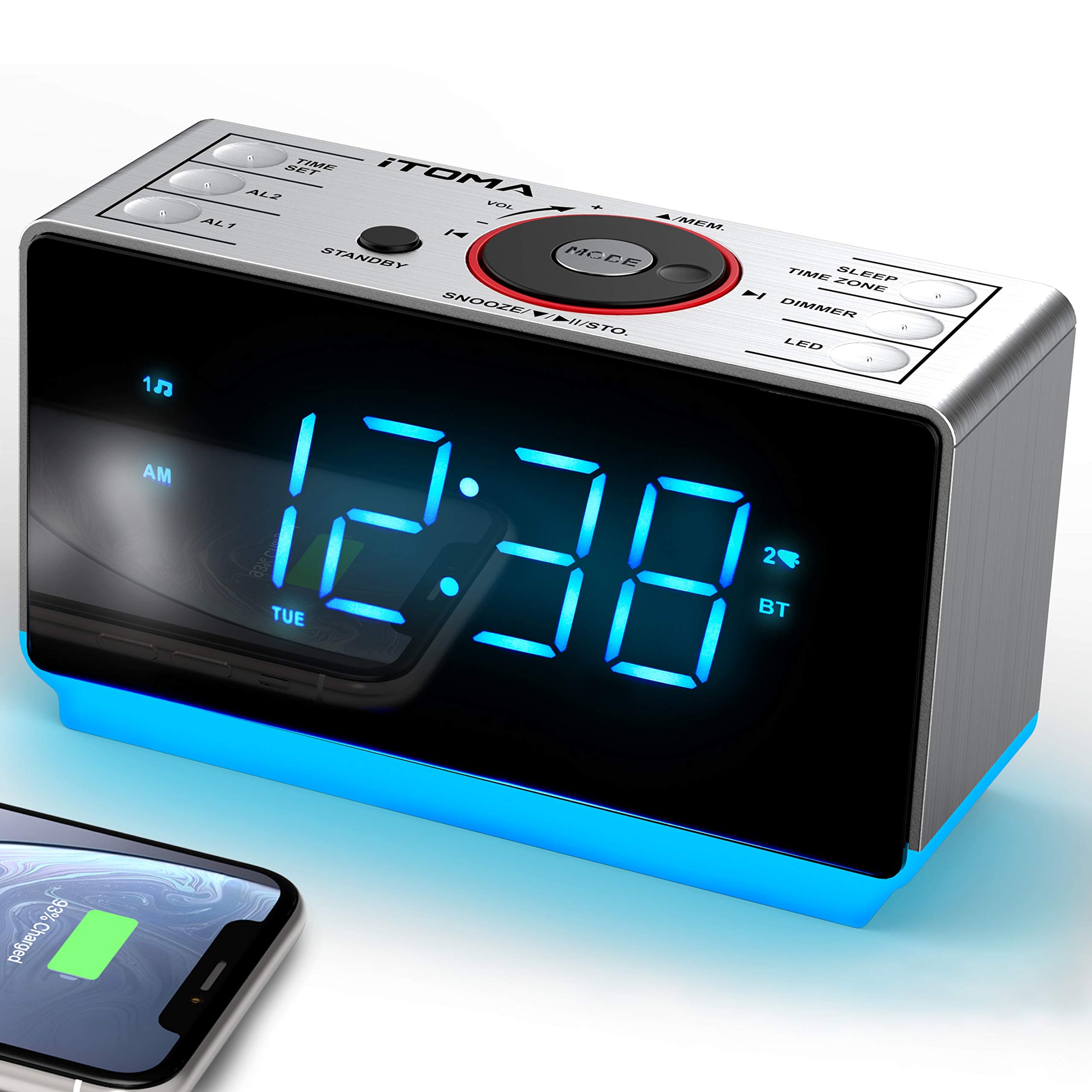 iTOMA Radiowecker mit Bluetooth, Digitales FM-Radio, Dual-Alarm mit Schlummerfunktion, Dimmersteuerung, USB-Ladefunktion für Handy (CKS708BT)