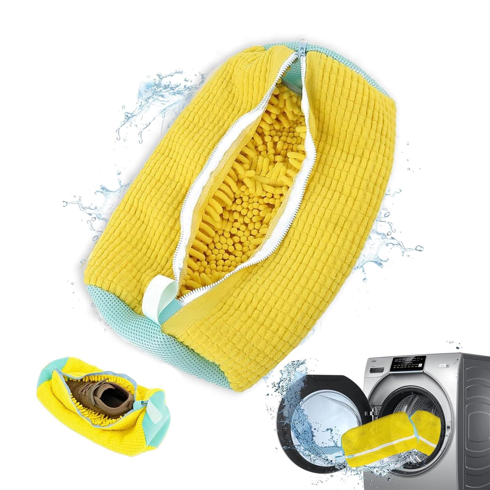Schuhwaschbeutel für die Waschmaschine, Schuhtrockner, Wäschebeutel, wiederverwendbar, Schuhwaschbeutel für Waschmaschine und Trockner,waschbeutel,Wäschesack Schuhe mit 360° Reinigungsflaum (Gelb x 1)
