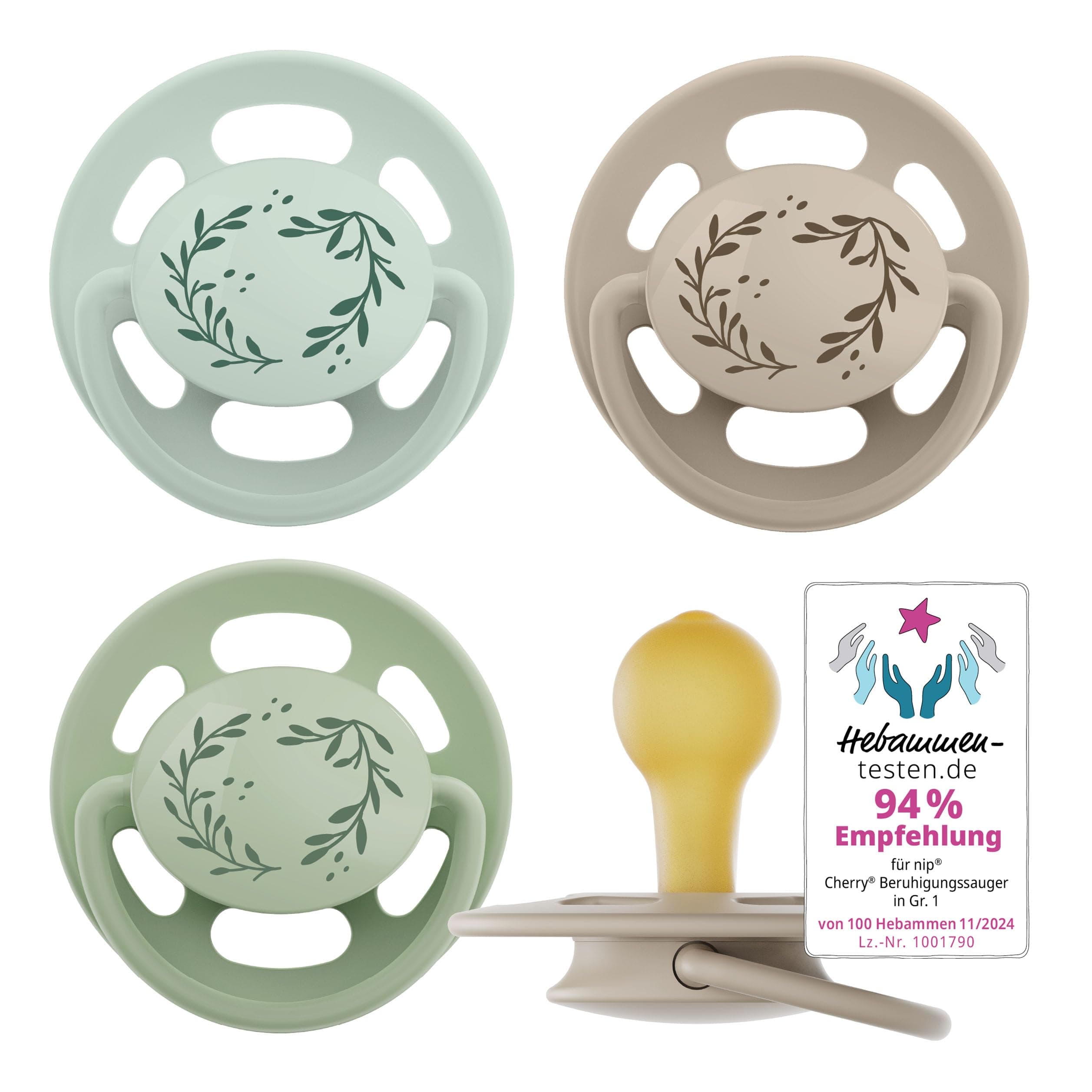 nip - Cherry Green | 0-6 Monate | 4er Pack | Stillfreundlicher, zahnfreundlicher Babyschnuller. Nachhaltiger Schnuller aus natürlichen Rohstoffen, Hellgrün/Braun hellgrün/braun Größe 1 (0-6 Monate)