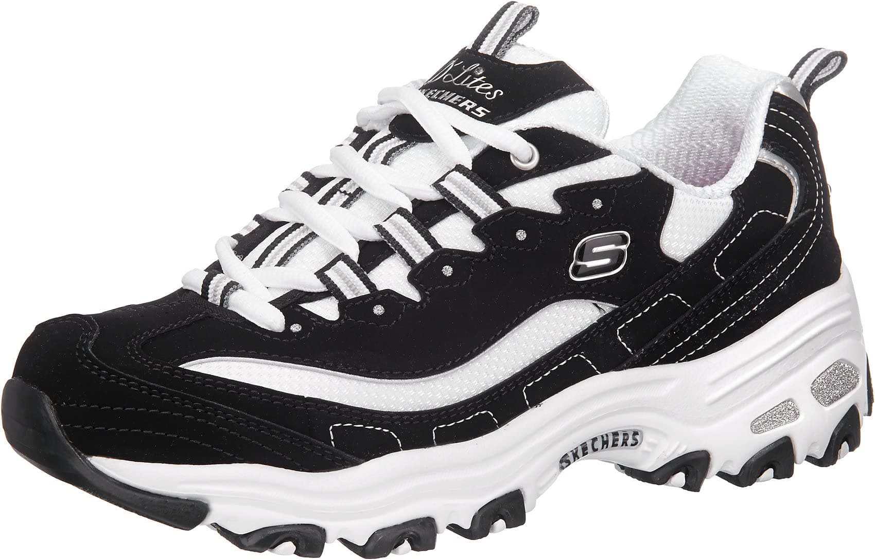 Skechers Damen D'lites Biggest Fan Sneaker 40 EU Black Trubuck White Mesh Silver Trim