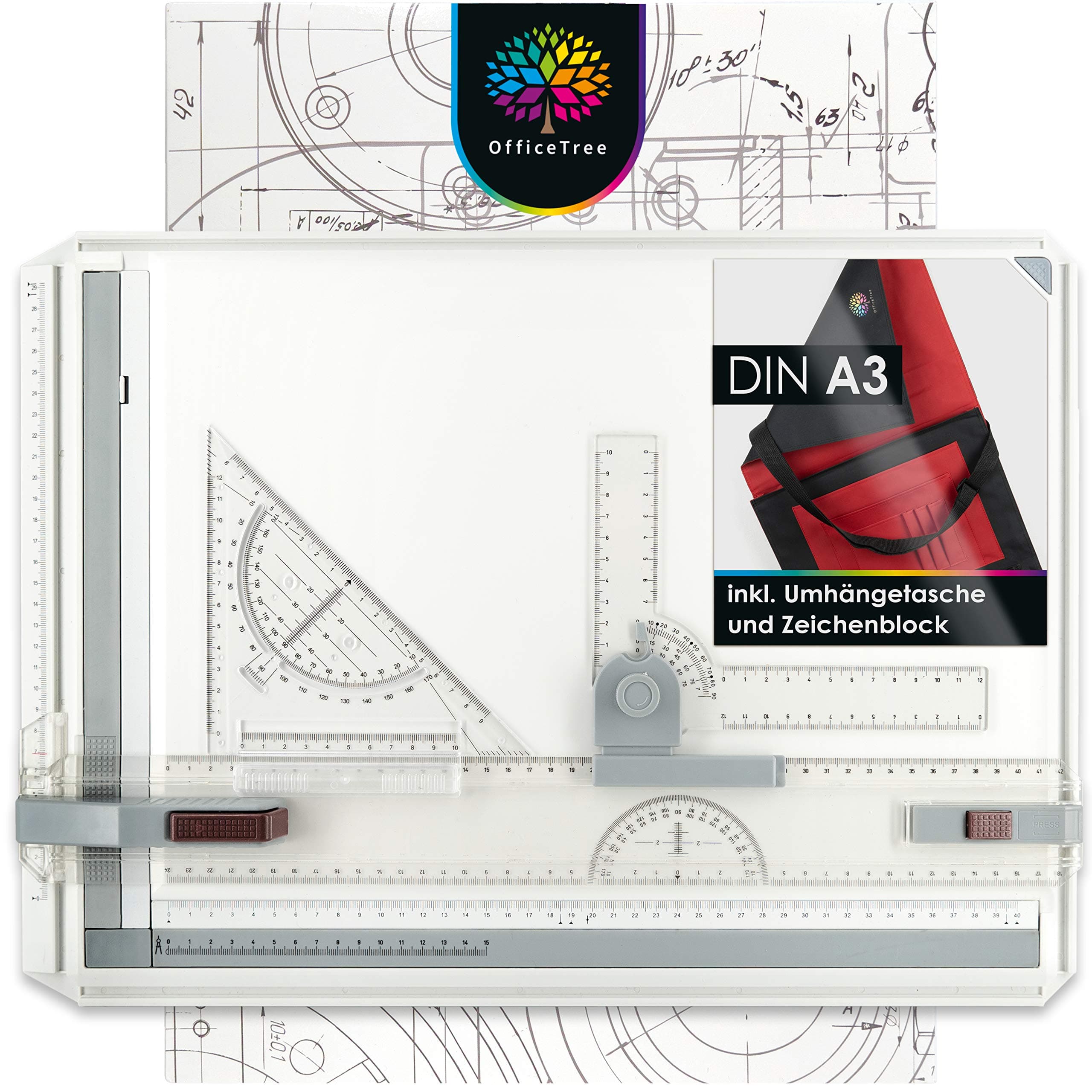 OfficeTree Zeichenplatte A3 - Inkl. Tragetasche, Schiebelineal, Geodreieck uvm. - Zeichenbrett A3 für exaktes Arbeiten - DIN A3 Zeichenplatte, Weiß
