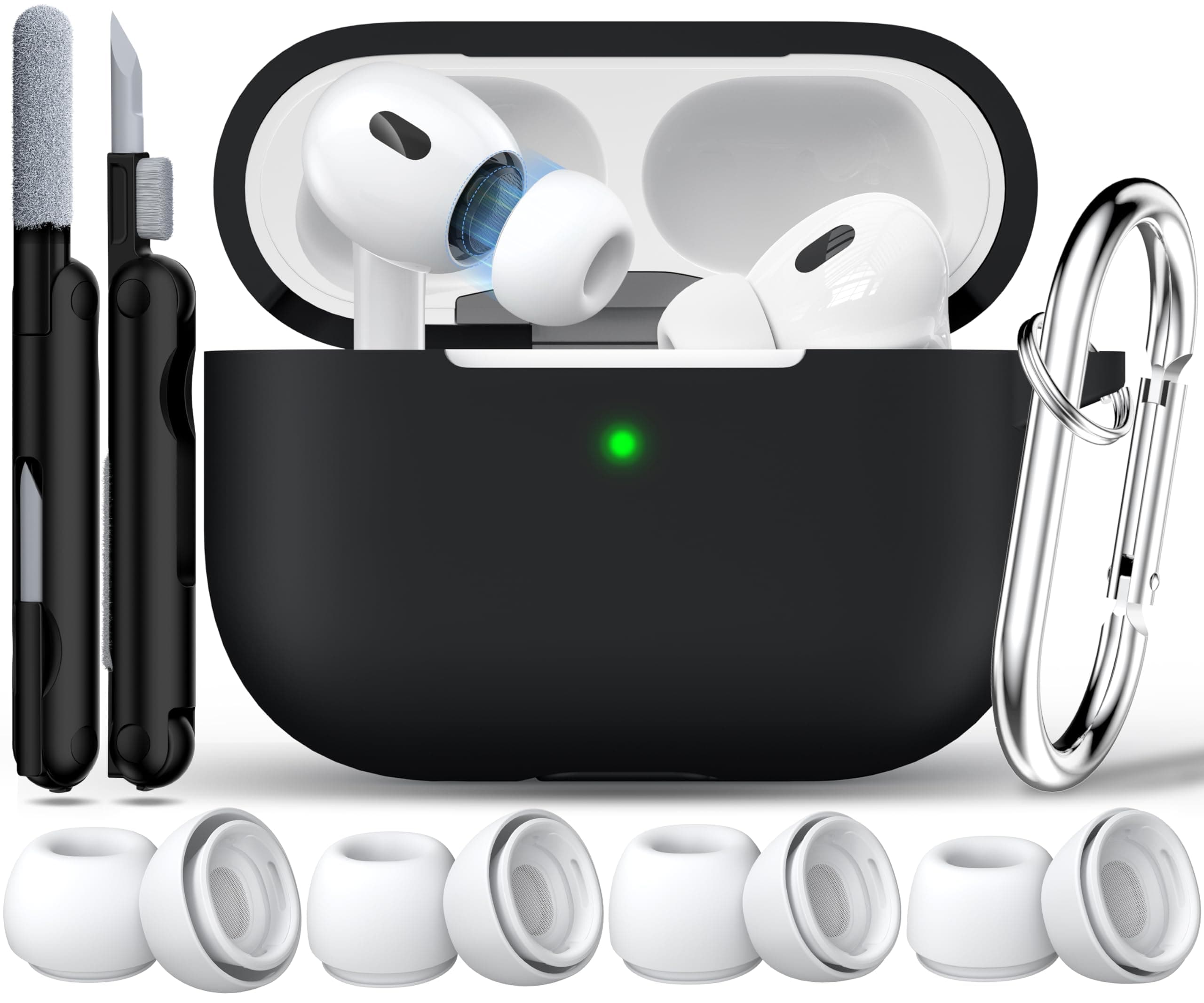 RFUNGUANGO Kompatibel mit AirPods Pro 2. Generation Hülle (2023/2022/2019), weicher Silikonschutz für AirPod Pro Hülle (USB-C/Lightning-Kabel) mit Reinigungsset und Ohrstöpseln, Schwarz A-Schwarz